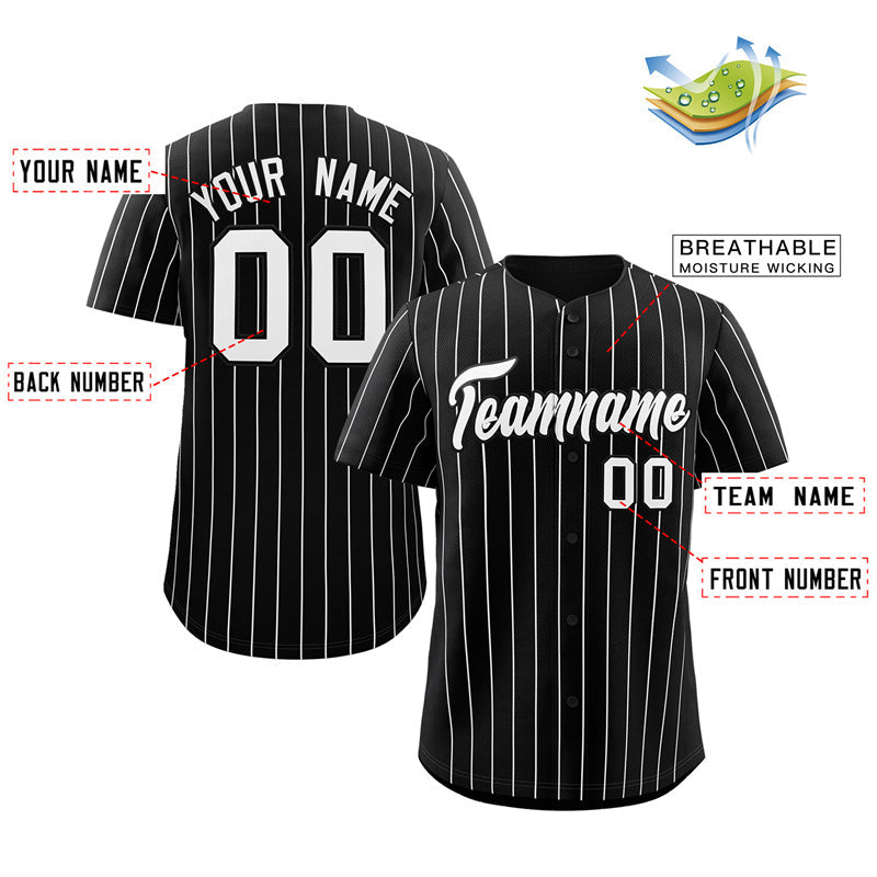 Maillot de baseball authentique à rayures noires et blanches personnalisées