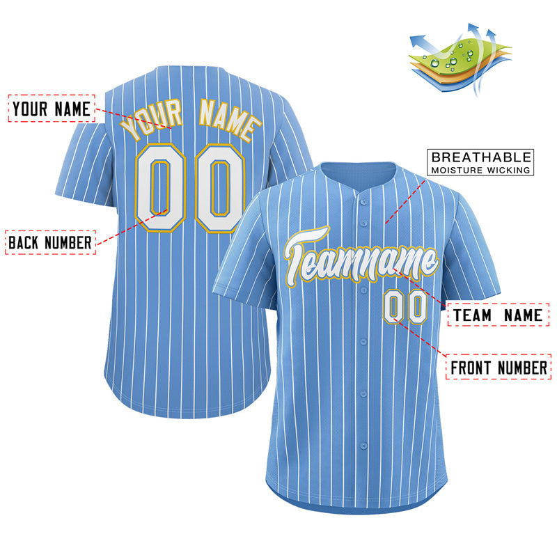 Benutzerdefinierte Hellblau Weiß-Gold Streifen Mode Authentische Baseball Jersey