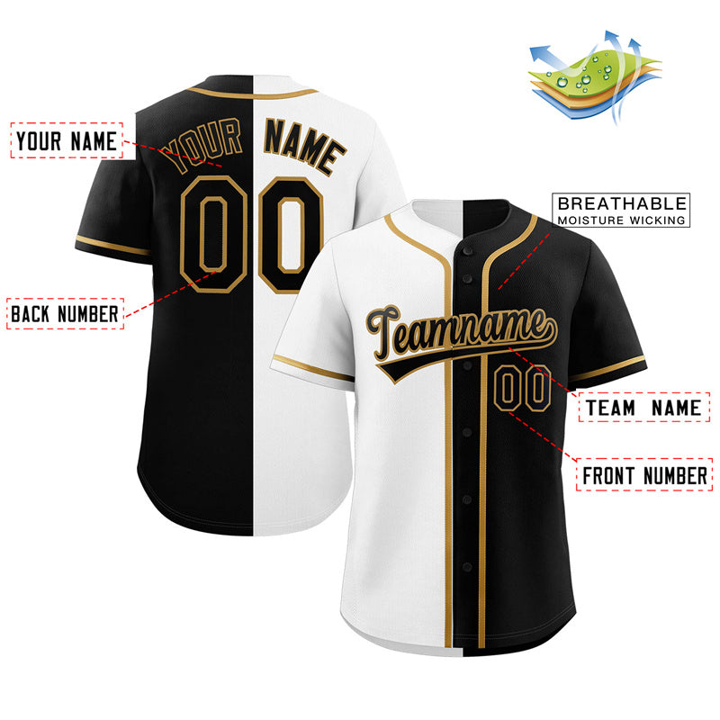 Custom Black White-Old Gold Split Fashion Authentic Baseball Jersey