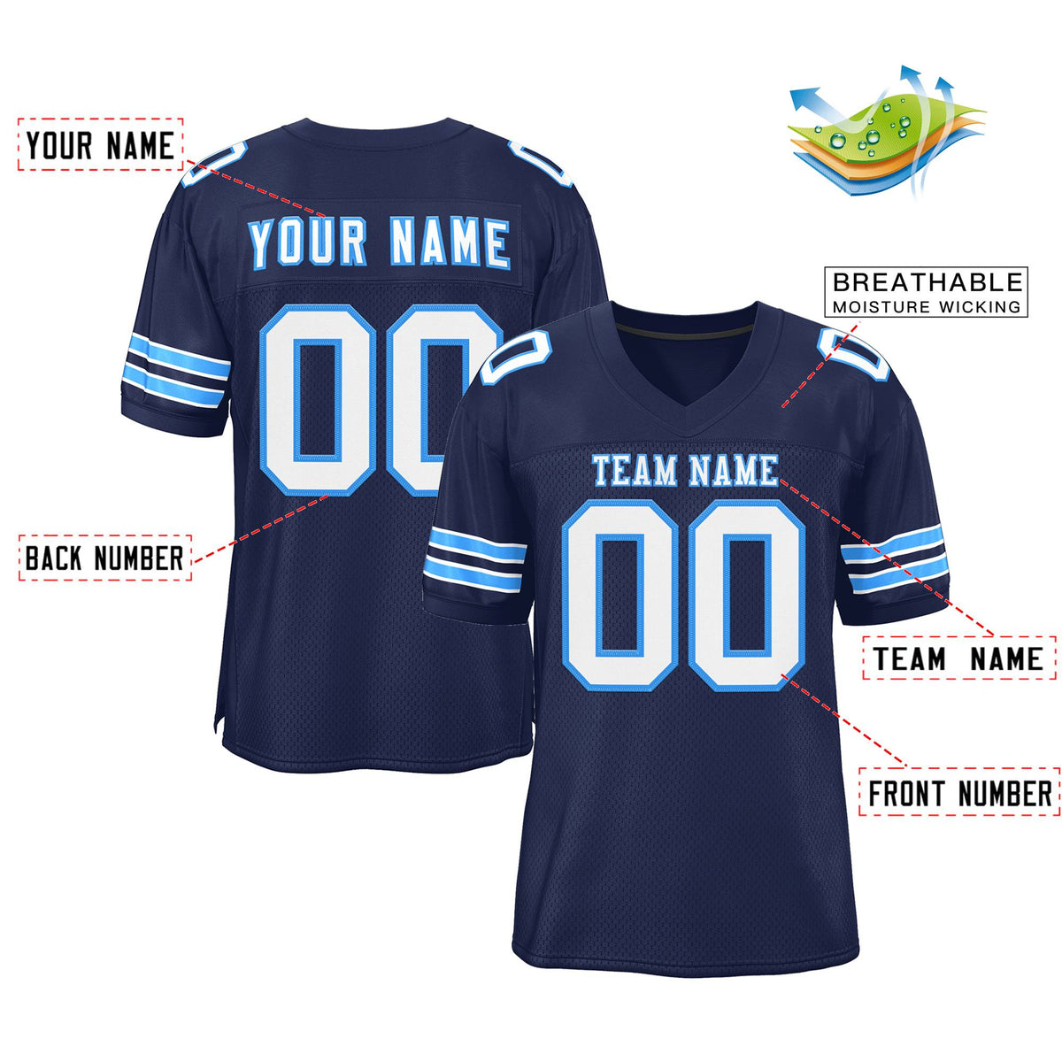 Custom Navy White-Powder Blue Classic Style Authentic American Football Jersey| KXKSHOP