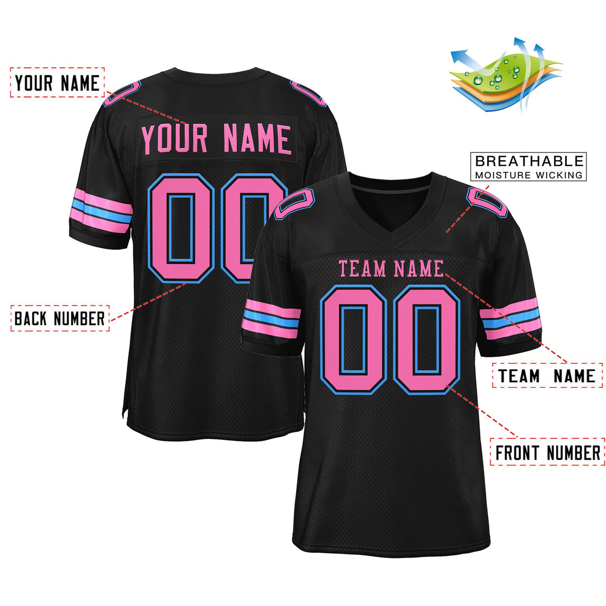 Custom Black Pink-Powder Blue Classic Style Authentic American Football Jersey| KXKSHOP