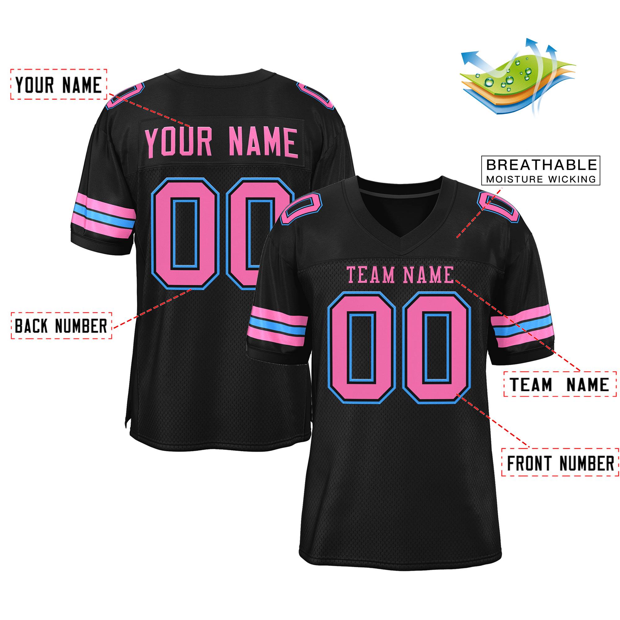 Custom Black Pink-Powder Blue Classic Style Authentic American Football Jersey| KXKSHOP