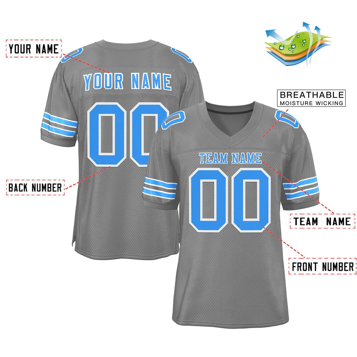 Custom Gray Powder Blue-Powder Blue Classic Style Authentic American Football Jersey| KXKSHOP