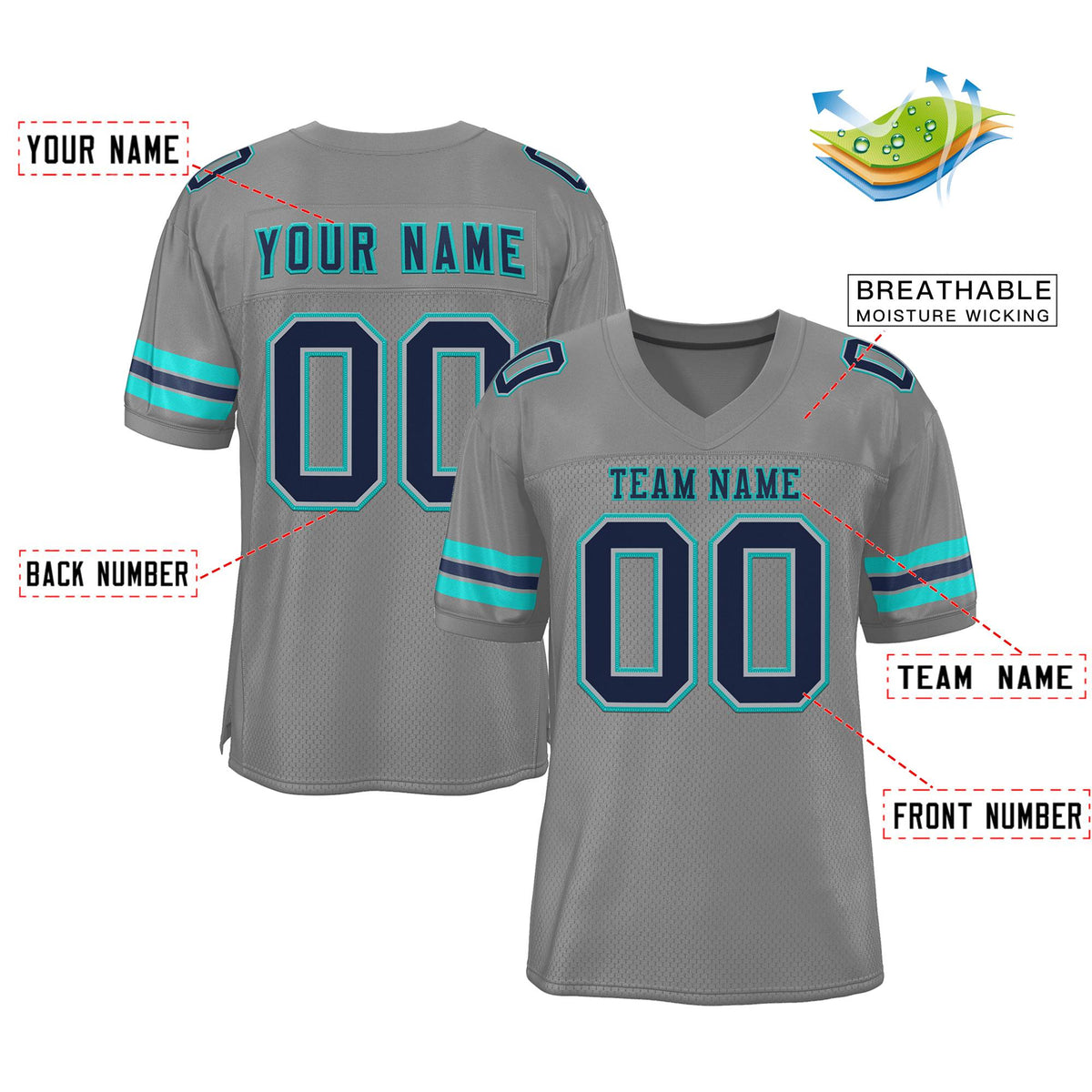 Custom Gray Navy-Aqua Classic Style Authentic American Football Jersey| KXKSHOP