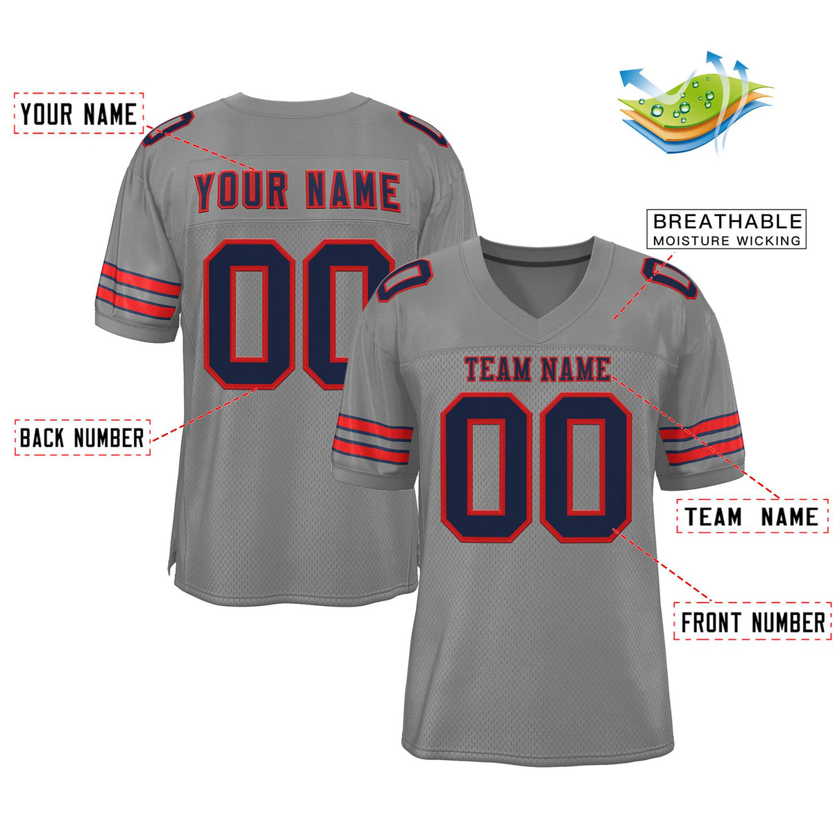 Custom Gray Navy-Red Classic Style Authentic American Football Jersey| KXKSHOP