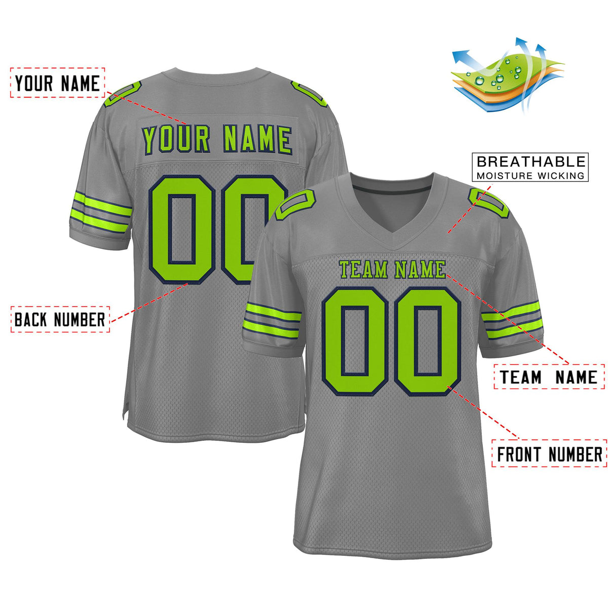 Custom Gray Neon Green-Neon Green Classic Style Authentic American Football Jersey| KXKSHOP