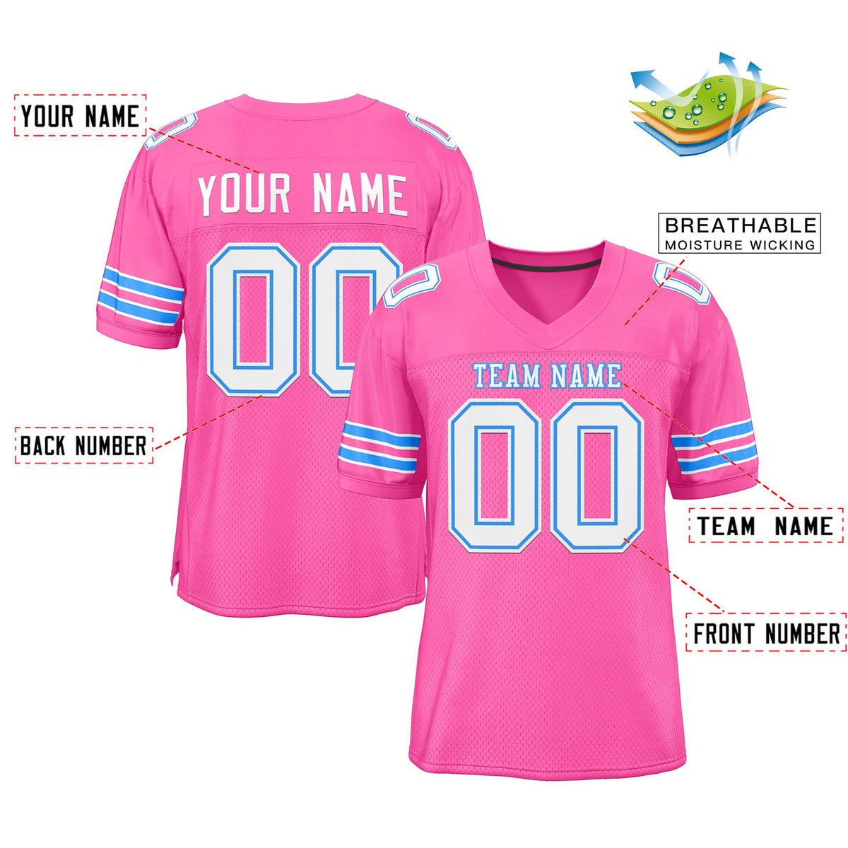 Custom Pink White-Powder Blue Classic Style Authentic American Football Jersey| KXKSHOP