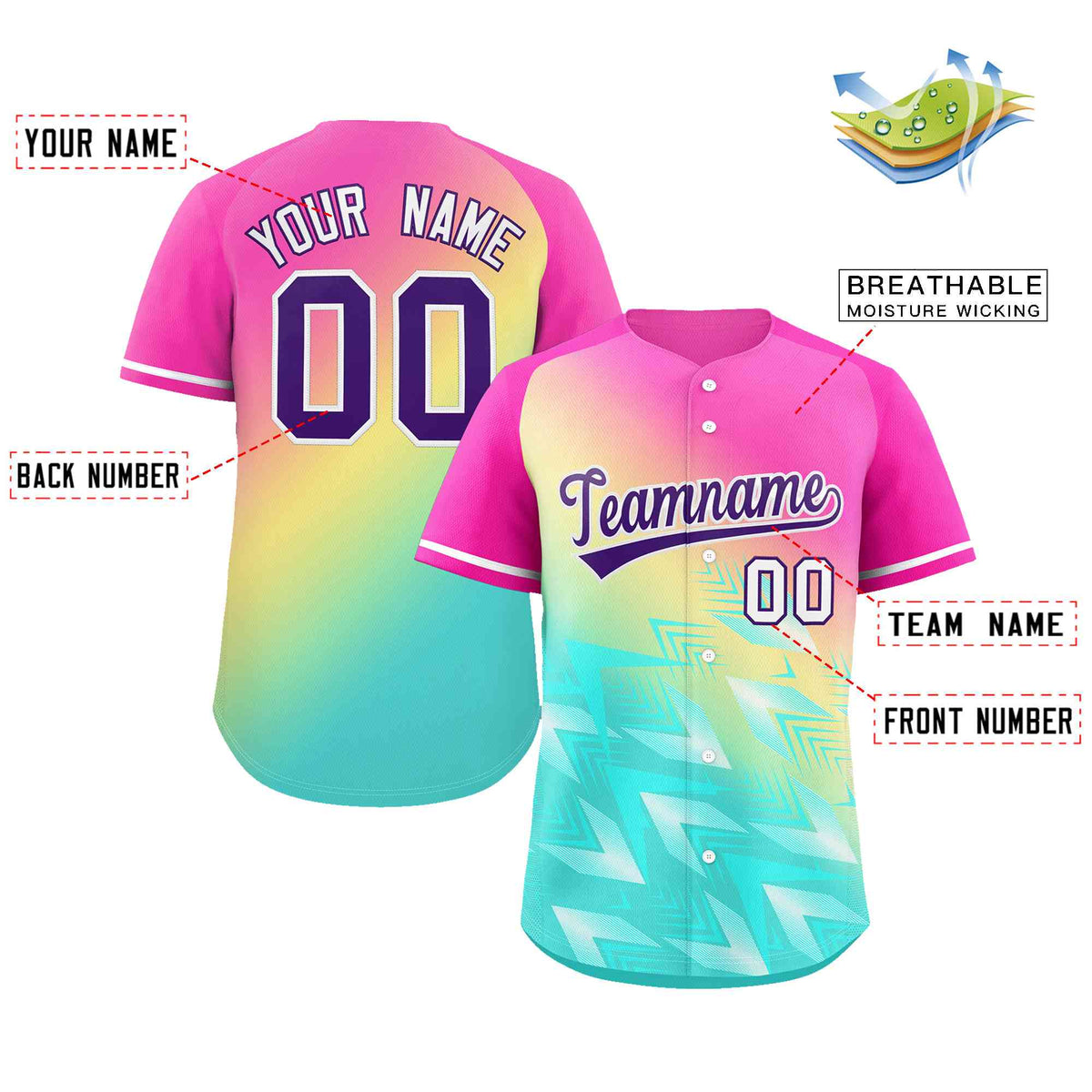 Custom Pink Aqua Purple-White Gradient Fashion Authentic Baseball Jersey