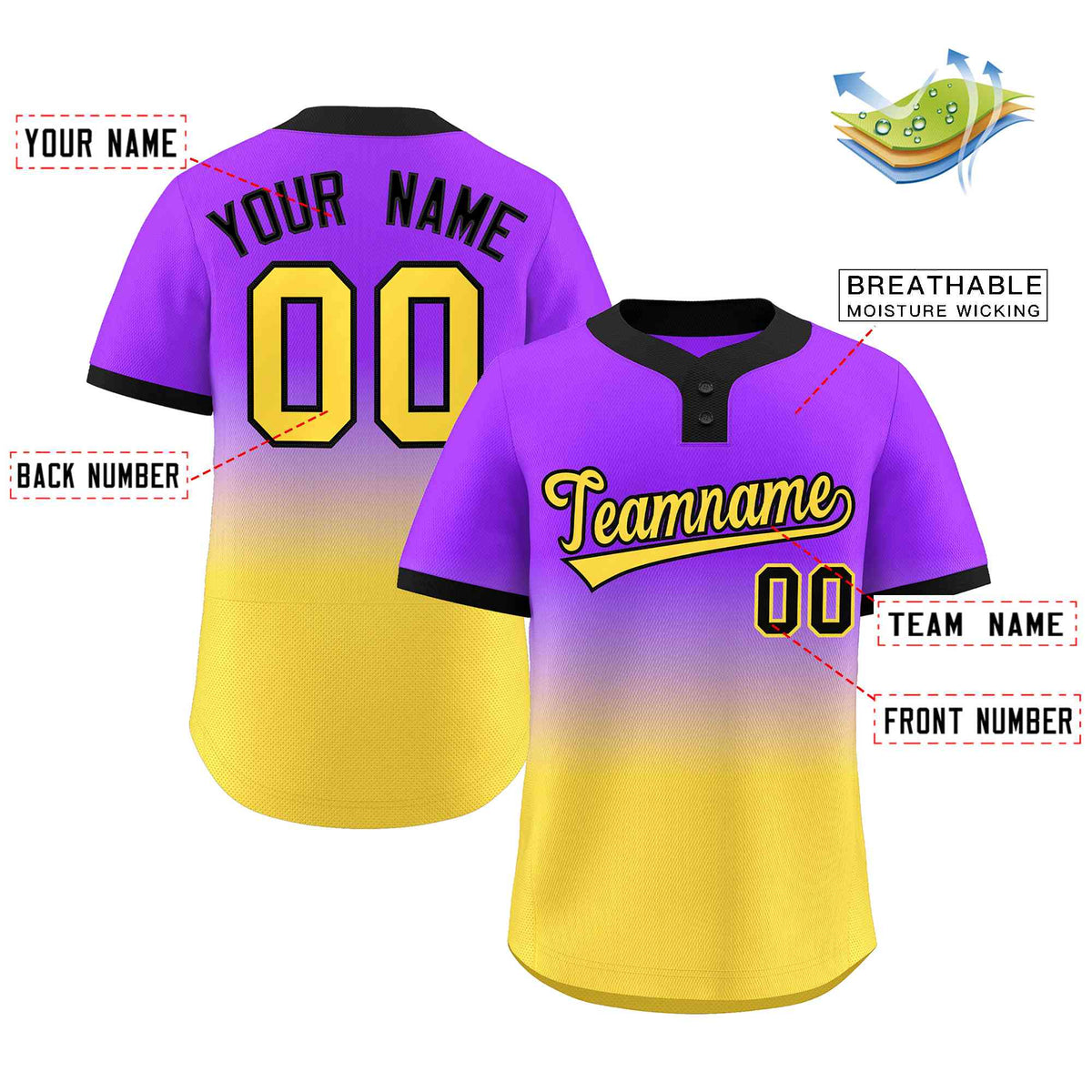 Custom Purple Gold Gold-Black Gradient Fashion Authentic Two-Button Softball Jersey