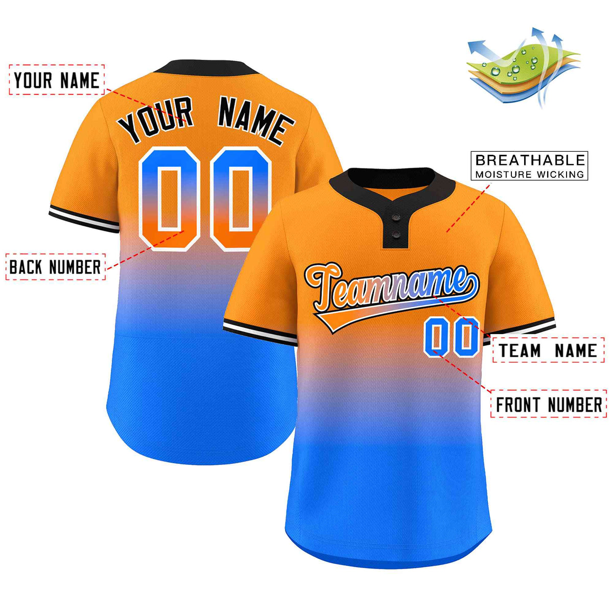Custom Orange Powder Blue Orange-White Gradient Fashion Authentic Two-Button Softball Jersey