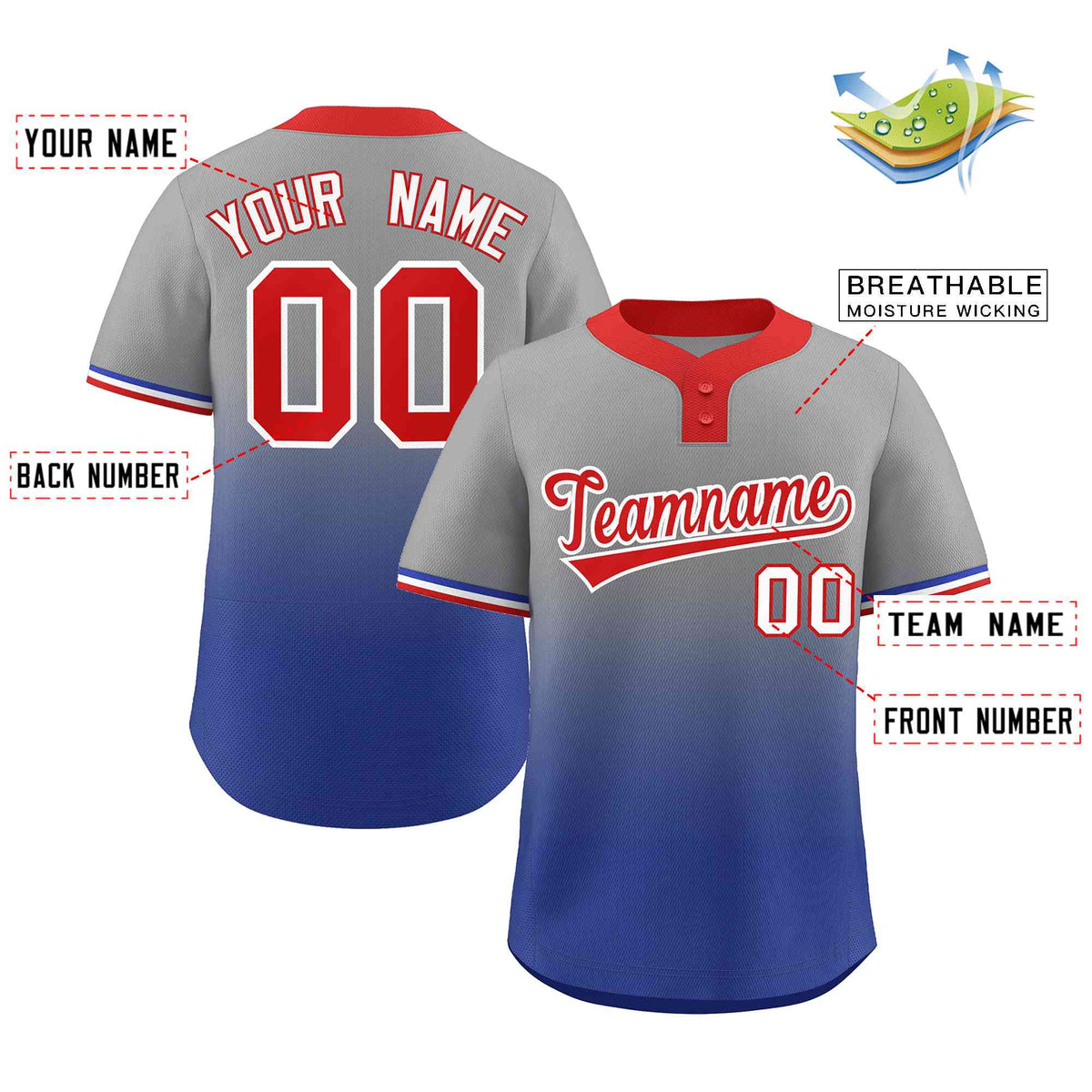 Custom Gray Royal Red-White Gradient Fashion Authentic Two-Button Softball Jersey