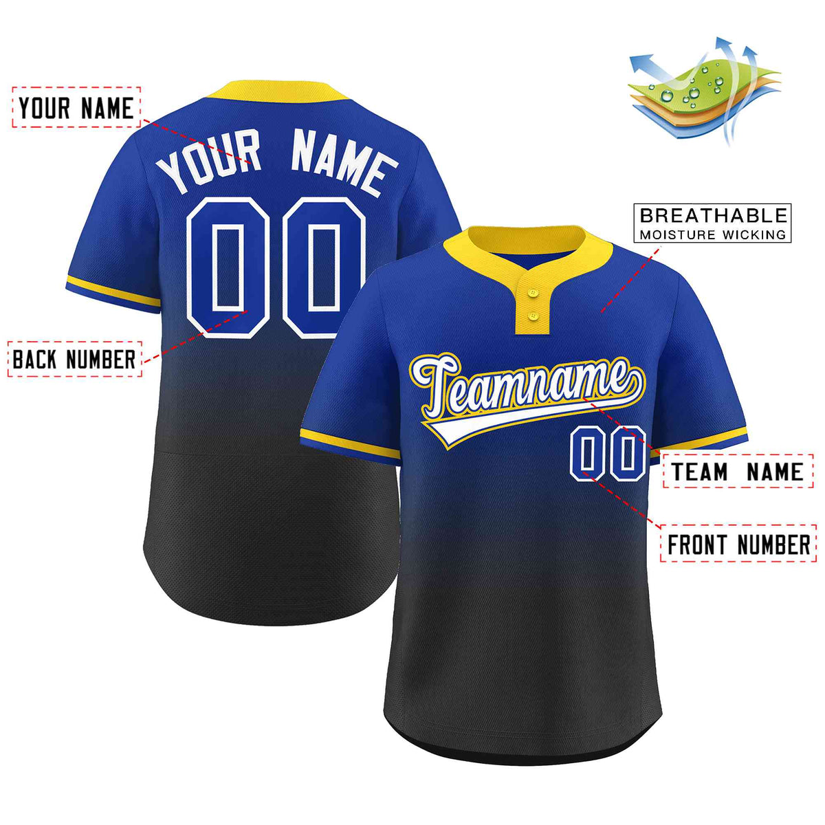 Custom Royal Black White-Royal Gradient Fashion Authentic Two-Button Softball Jersey
