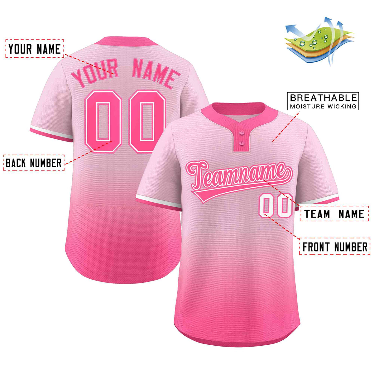 Custom Light Pink Pink Pink-White Gradient Fashion Authentic Two-Button Softball Jersey