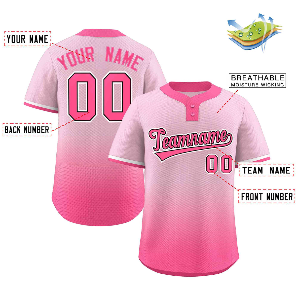 Custom Light Pink Pink Pink-Black Gradient Fashion Authentic Two-Button Softball Jersey