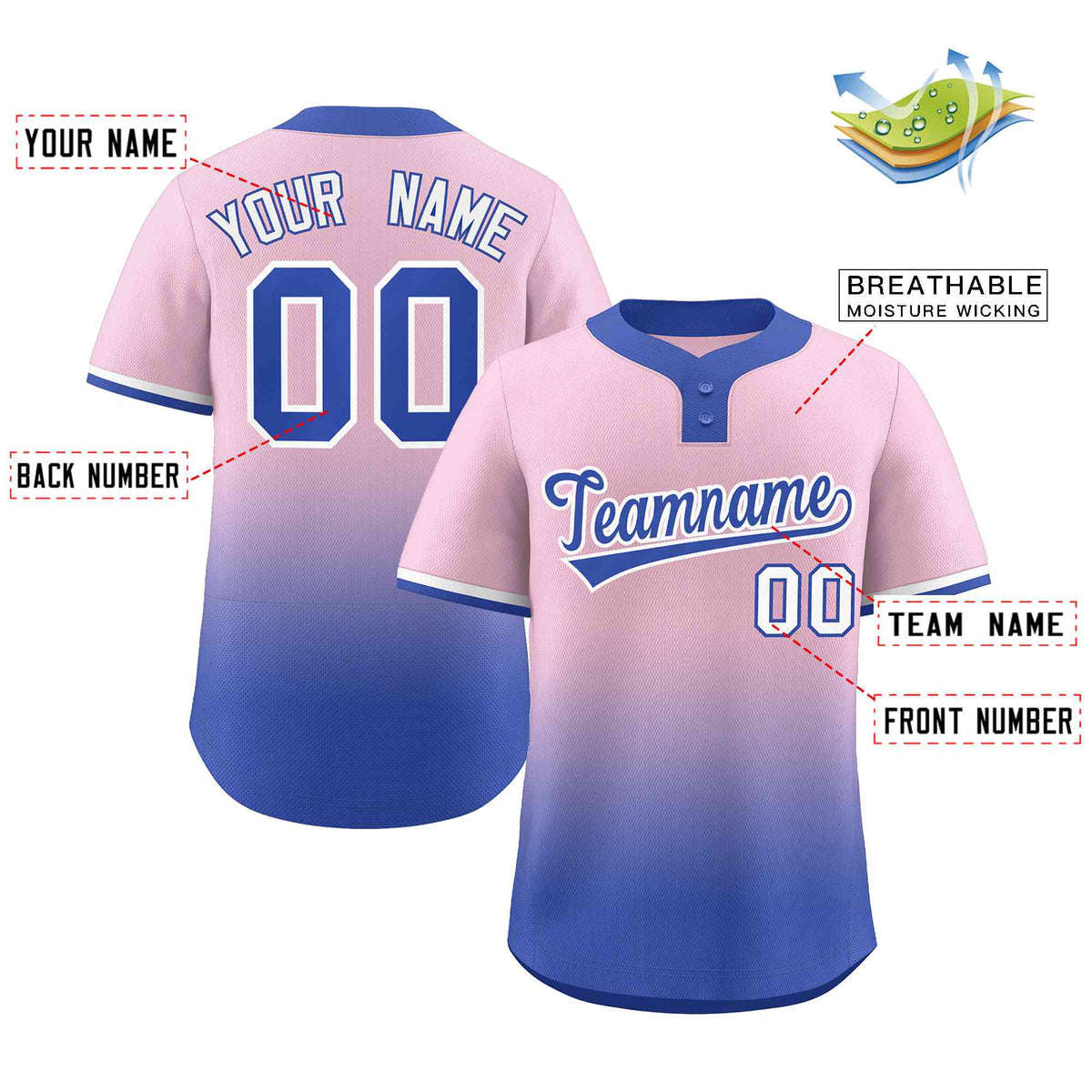 Custom Light Pink Royal Royal-White Gradient Fashion Authentic Two-Button Softball Jersey