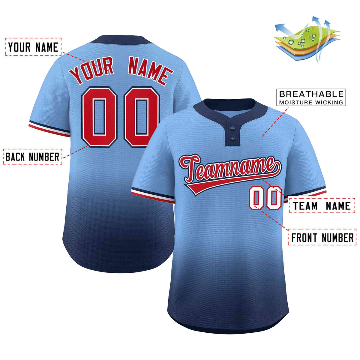 Custom Light Blue Navy Red-White Gradient Fashion Authentic Two-Button Softball Jersey