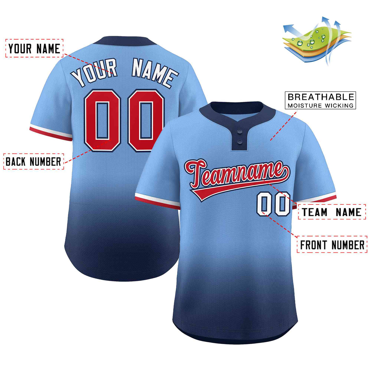 Custom Light Blue Navy Red-White Gradient Fashion Authentic Two-Button Softball Jersey