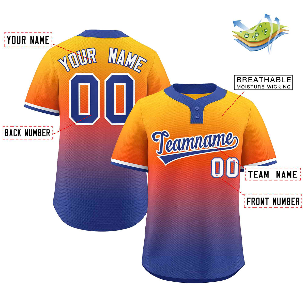 Custom Gold Orange Royal-White Gradient Fashion Authentic Two-Button Softball Jersey