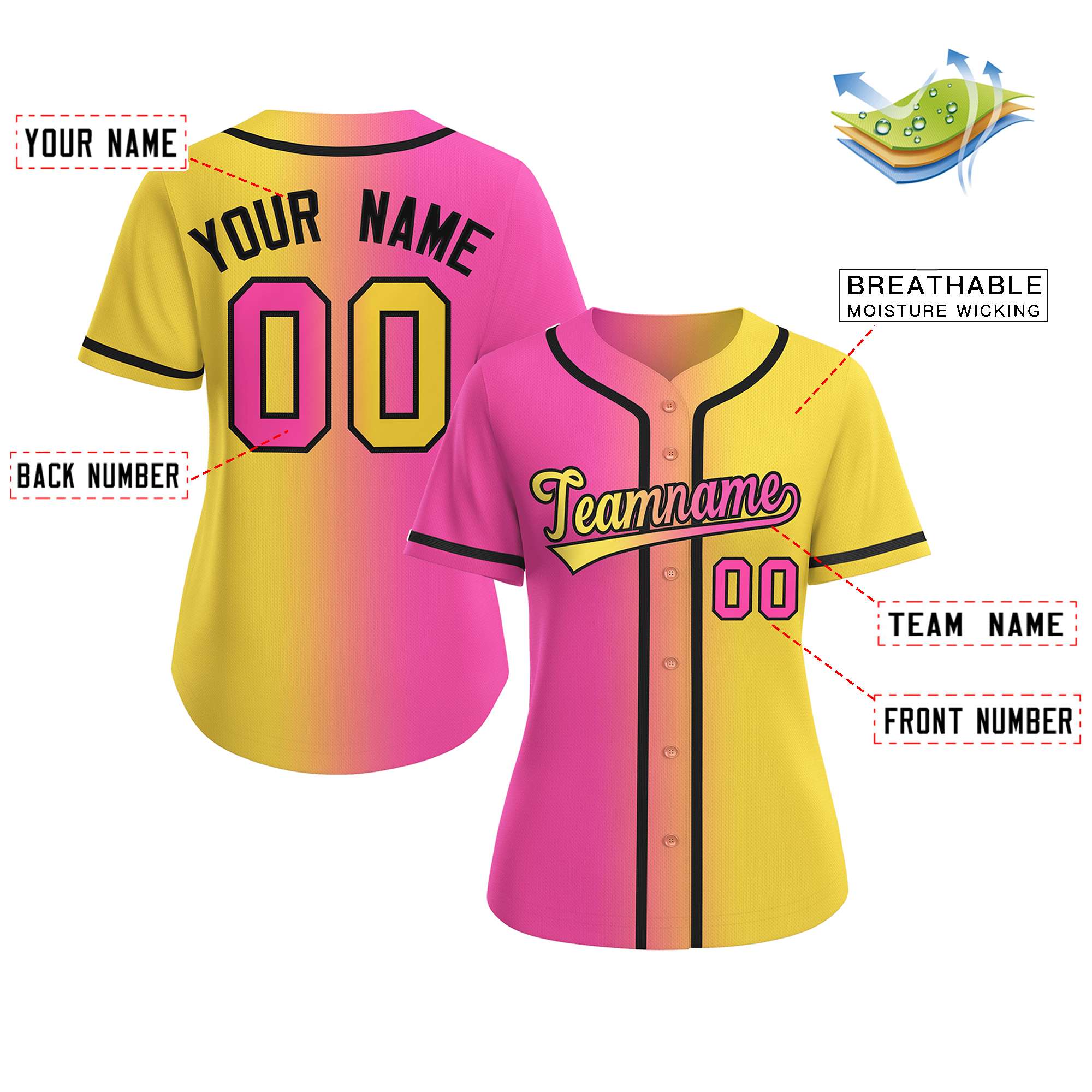 Custom Pink Gold-Black Gradient Fashion Baseball Jersey For Women