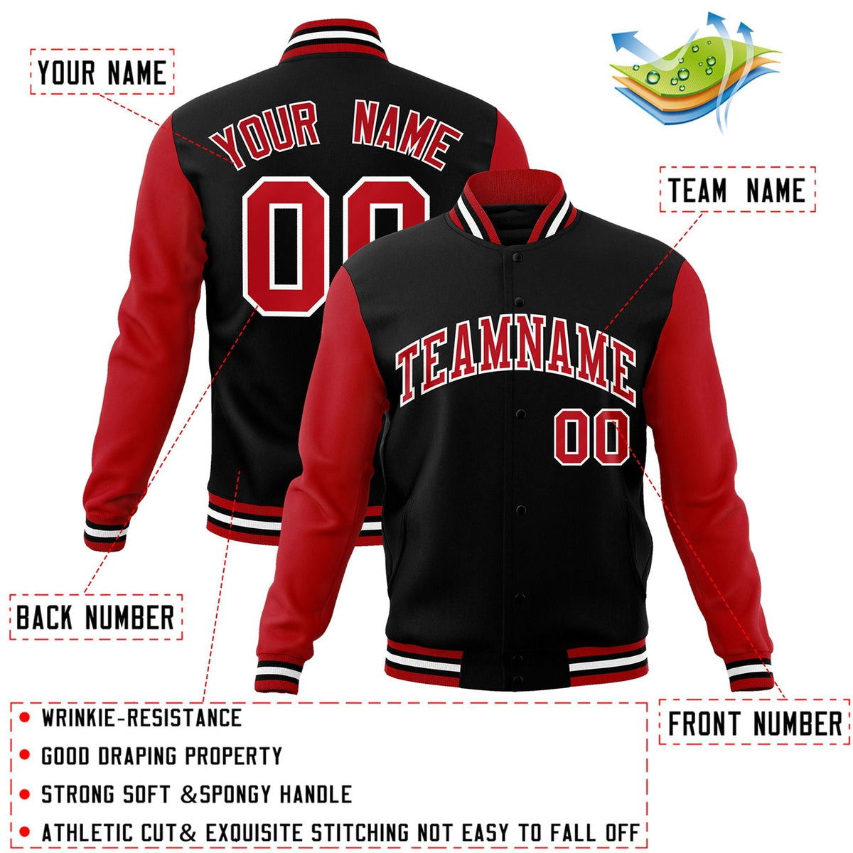 Custom Black White-Black Raglan Sleeves Varsity Full-Snap Letterman Jacket | KXKSHOP