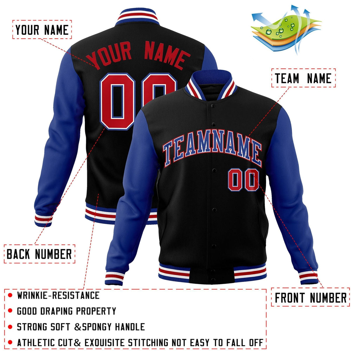 Custom Black White-Black Raglan Sleeves Varsity Full-Snap Letterman Jacket | KXKSHOP