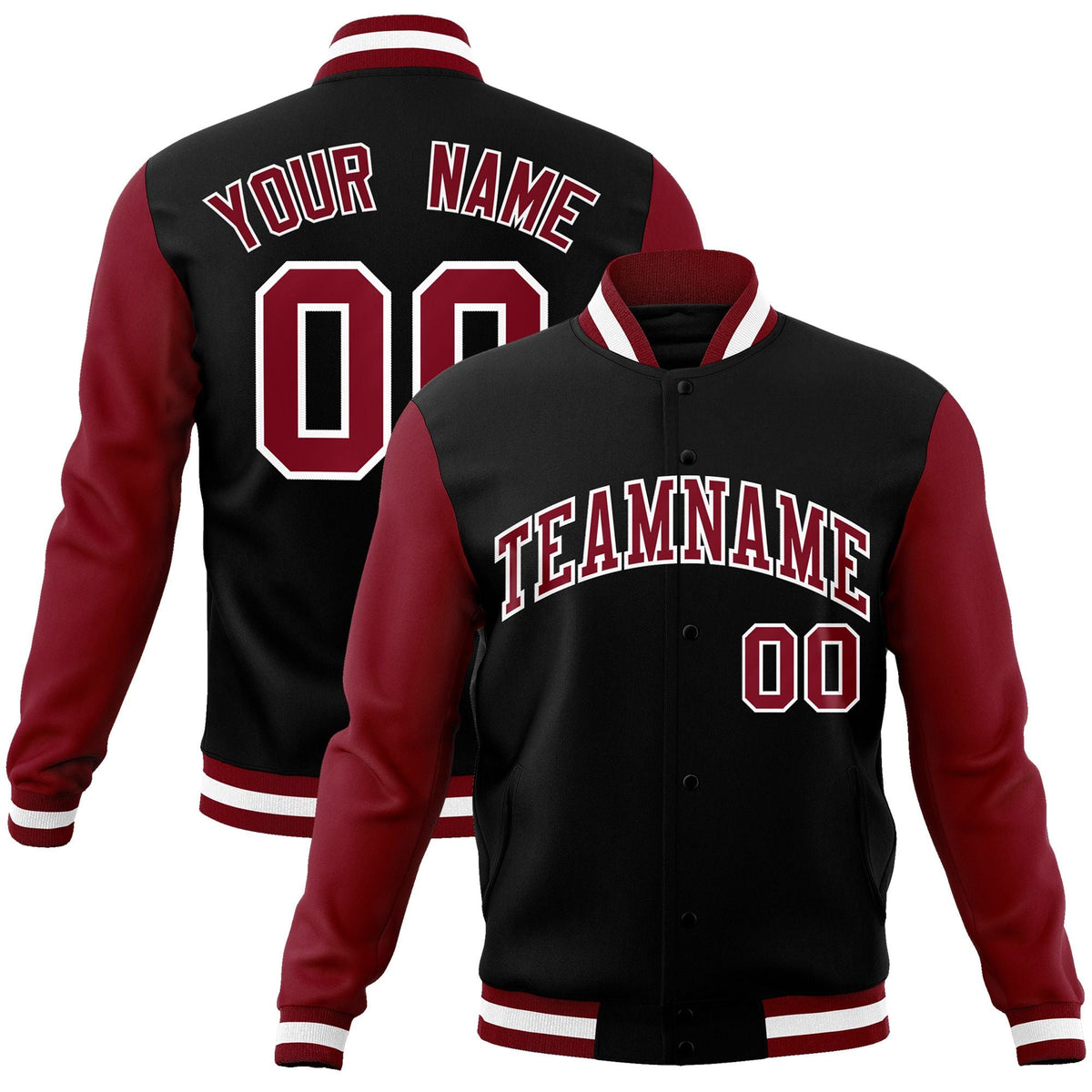 Custom Black White-Black Raglan Sleeves Varsity Full-Snap Letterman Jacket | KXKSHOP