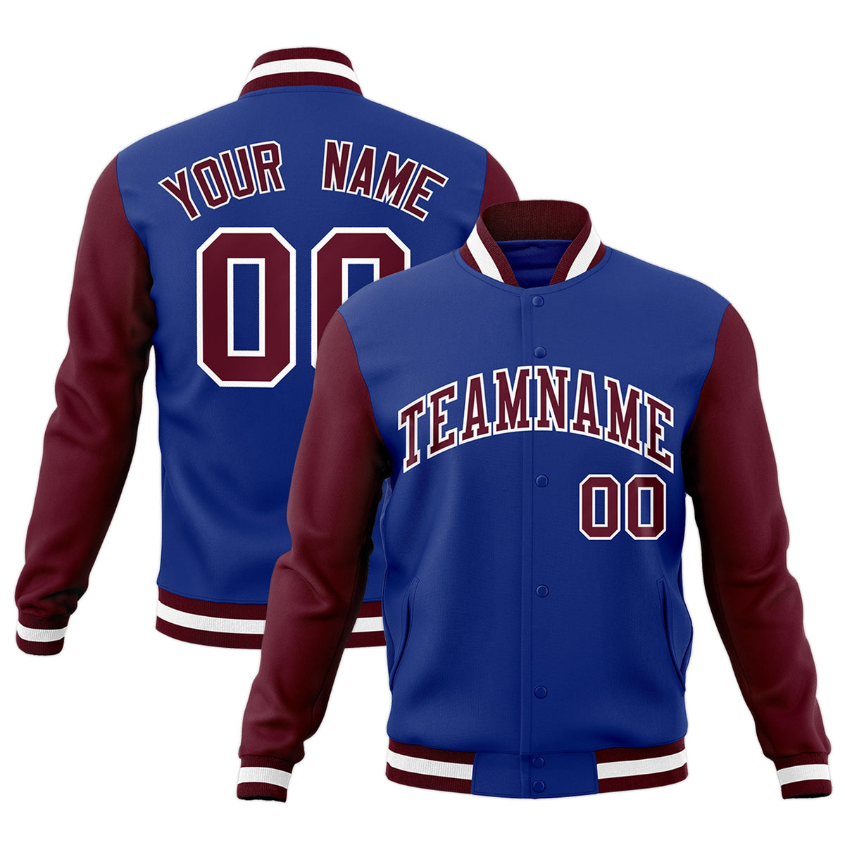 Custom Royal Crimson-White Raglan Sleeves Varsity Full-Snap Letterman Jacket