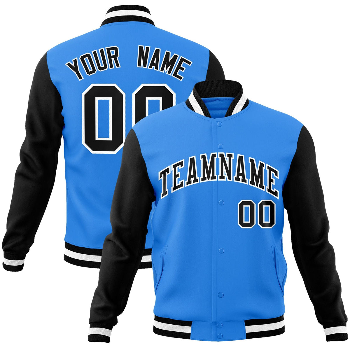 Custom Black White-Black Raglan Sleeves Varsity Full-Snap Letterman Jacket | KXKSHOP