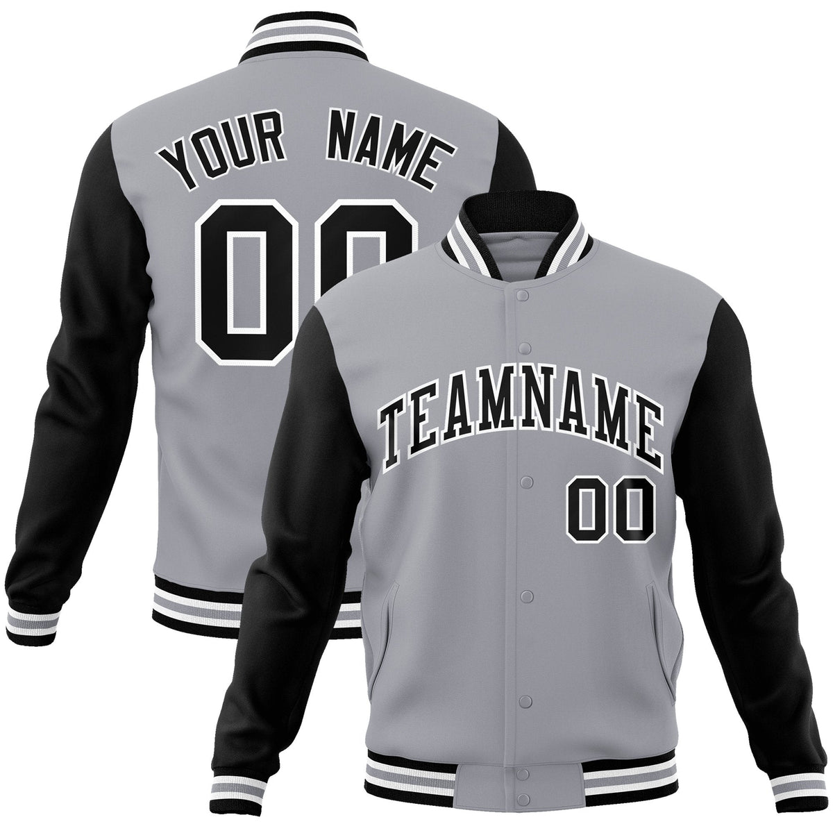 Custom Black White-Black Raglan Sleeves Varsity Full-Snap Letterman Jacket | KXKSHOP