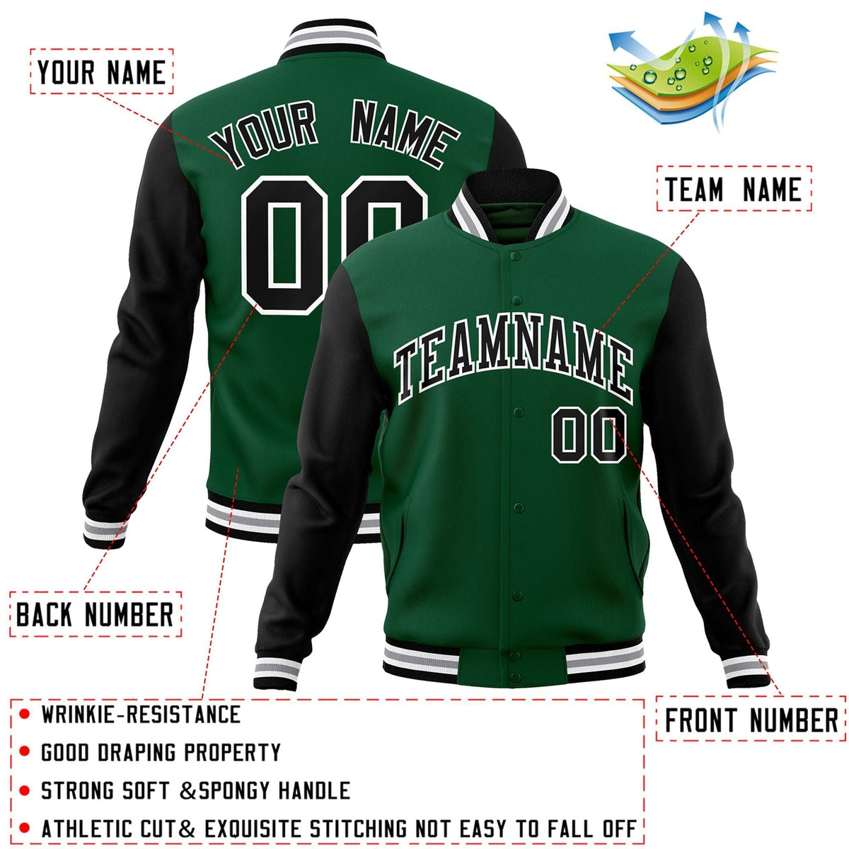 Custom Black White-Black Raglan Sleeves Varsity Full-Snap Letterman Jacket | KXKSHOP