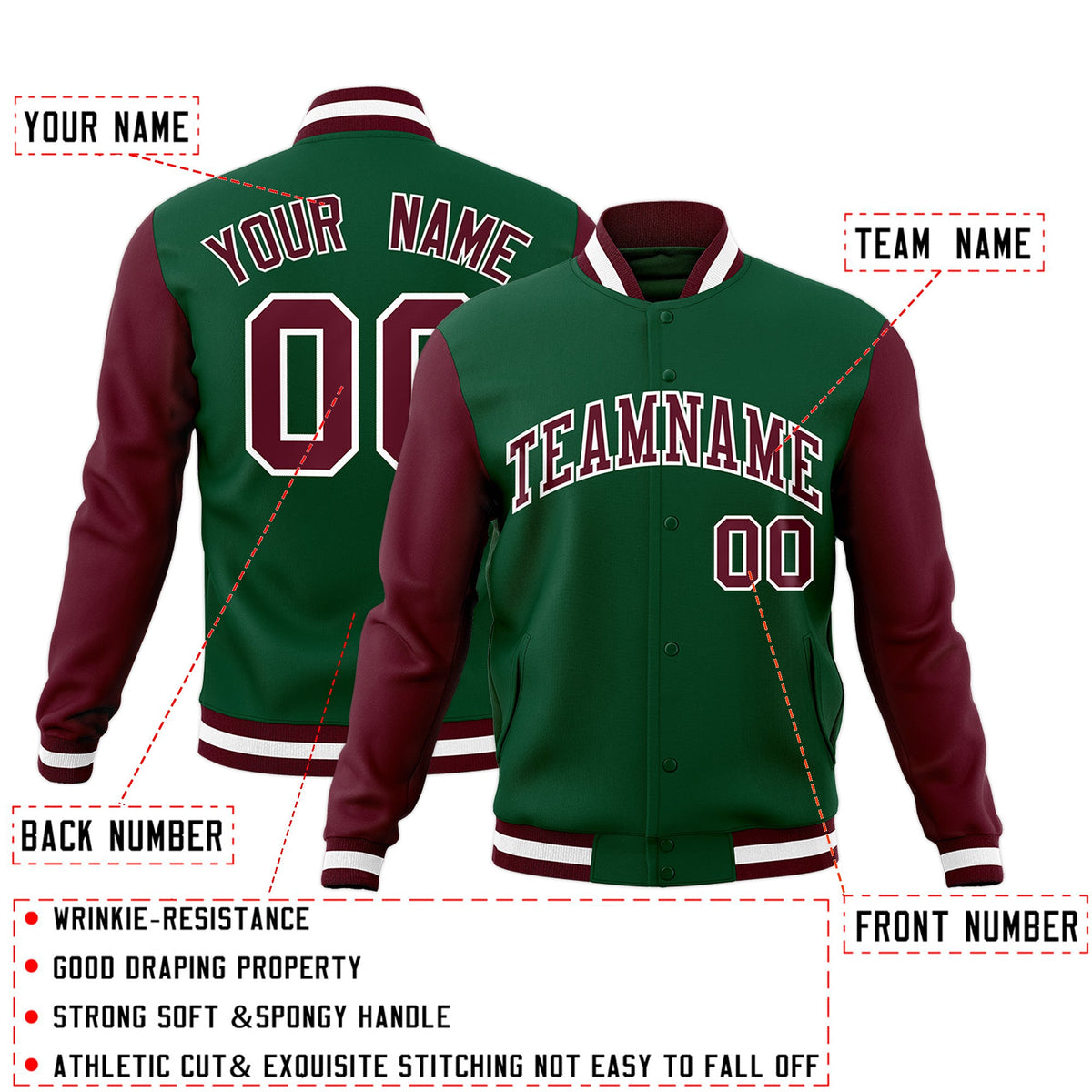 Custom Green Crimson-White Raglan Sleeves Varsity Full-Snap Letterman Jacket