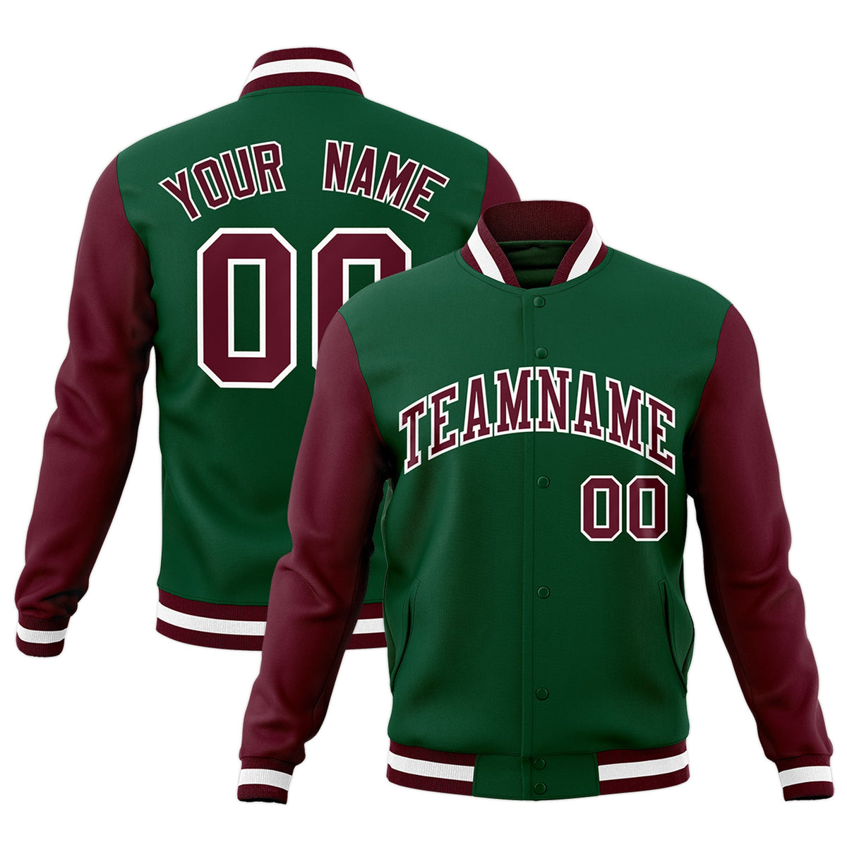 Custom Green Crimson-White Raglan Sleeves Varsity Full-Snap Letterman Jacket