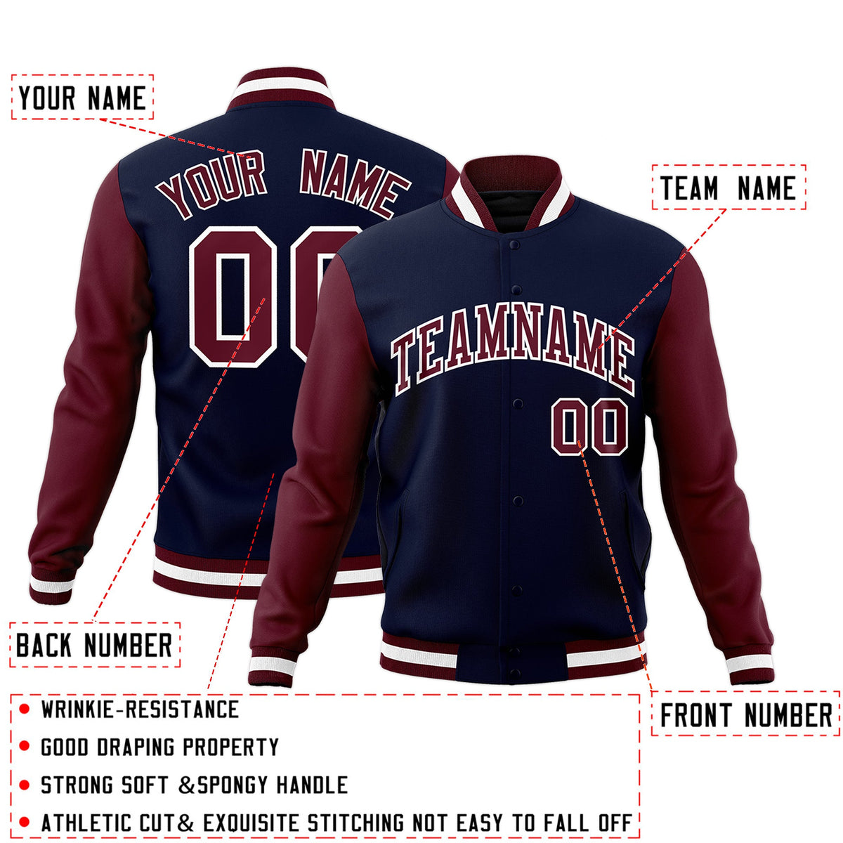 Custom Navy Crimson-White Raglan Sleeves Varsity Full-Snap Letterman Jacket