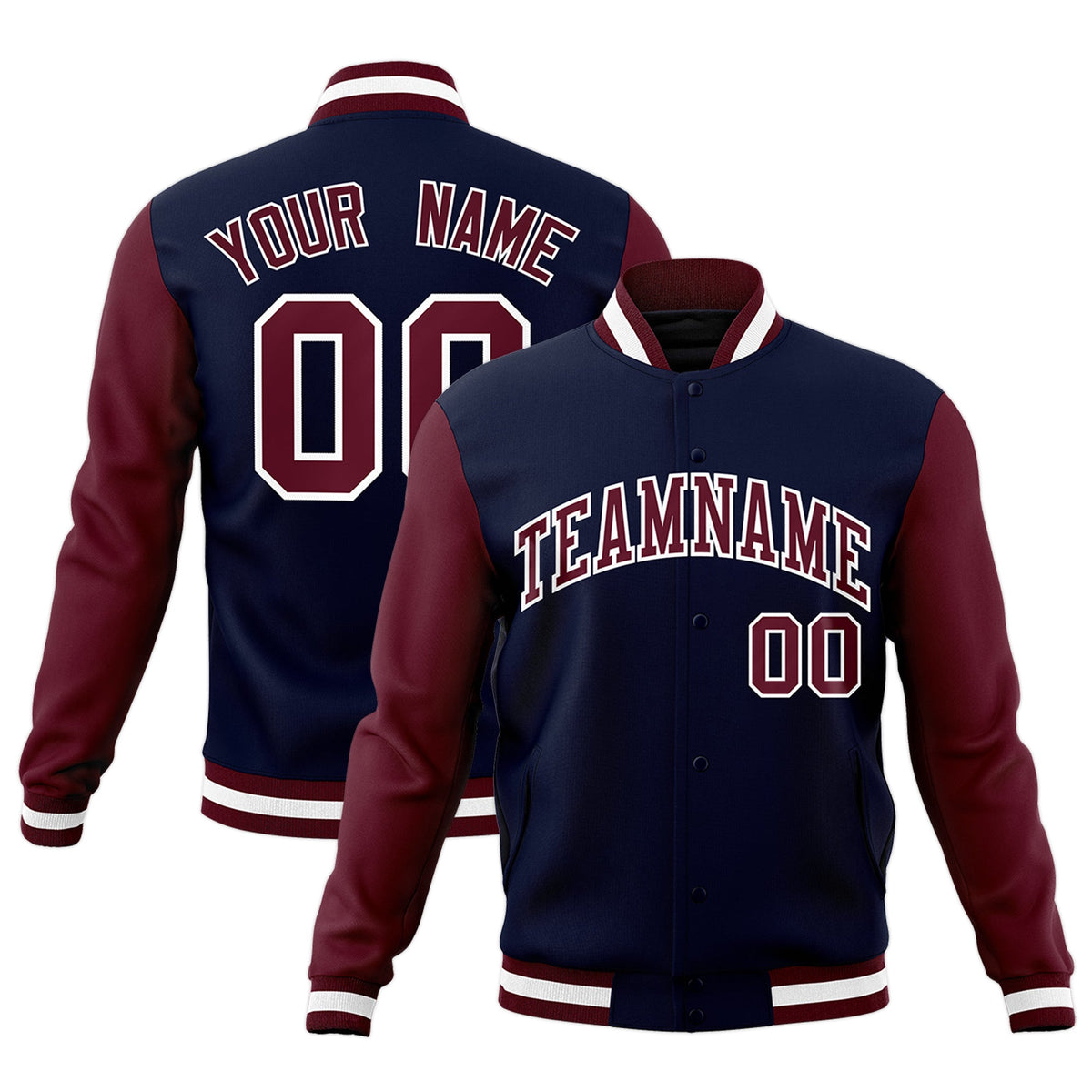 Custom Navy Crimson-White Raglan Sleeves Varsity Full-Snap Letterman Jacket