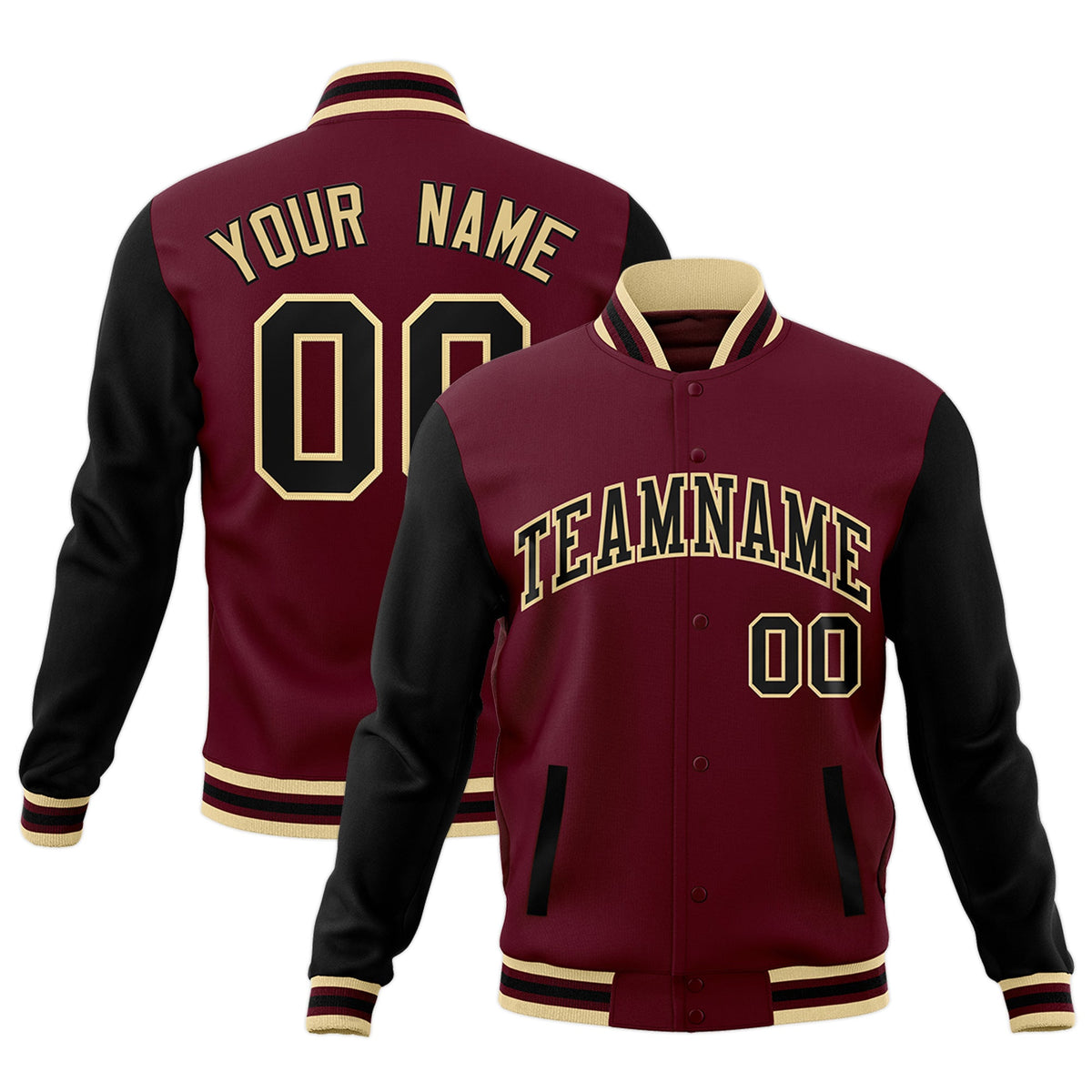 Custom Crimson Black-Khaki Raglan Sleeves Varsity Full-Snap Letterman Jacket