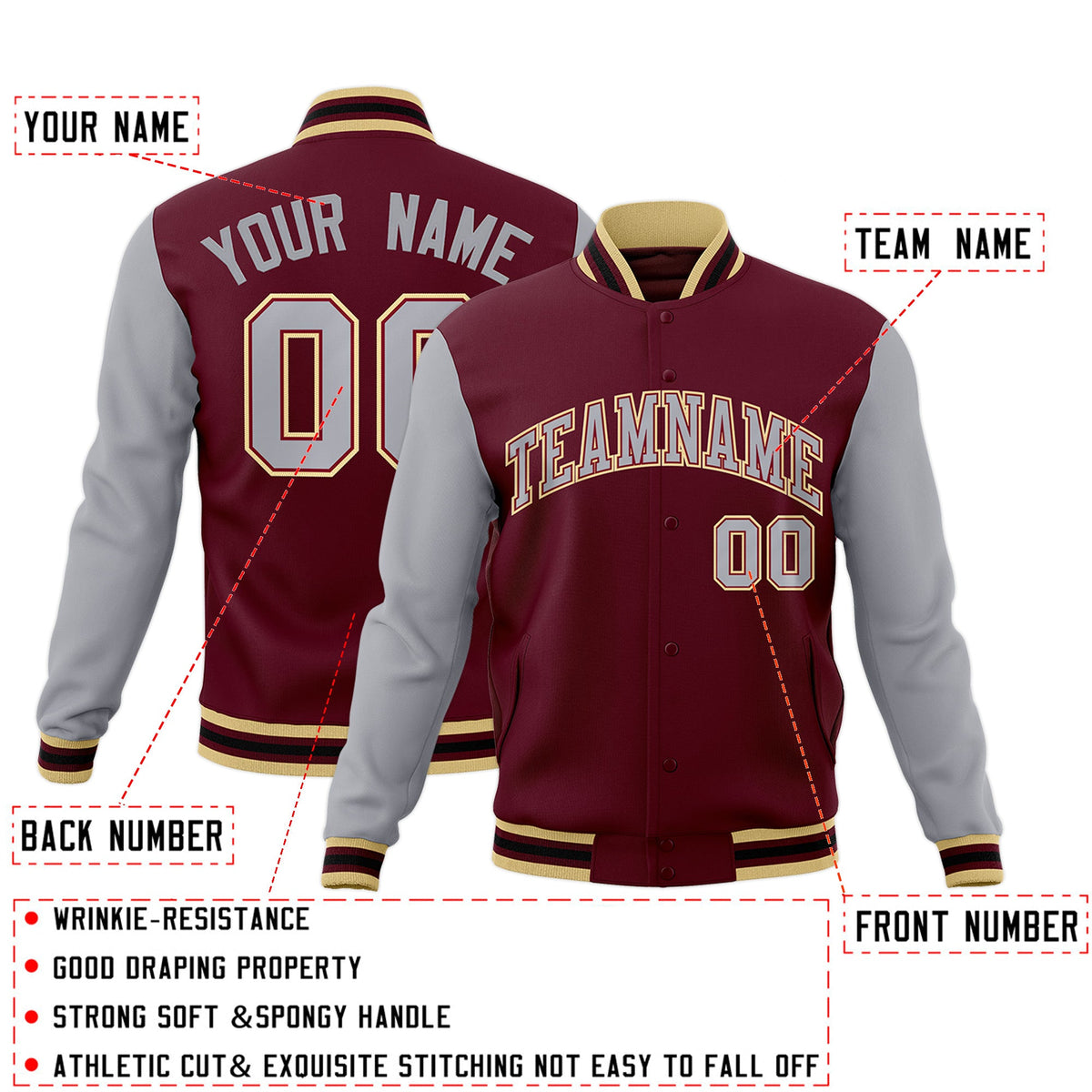 Custom Crimson Gray-Crimson Raglan Sleeves Varsity Full-Snap Letterman Jacket