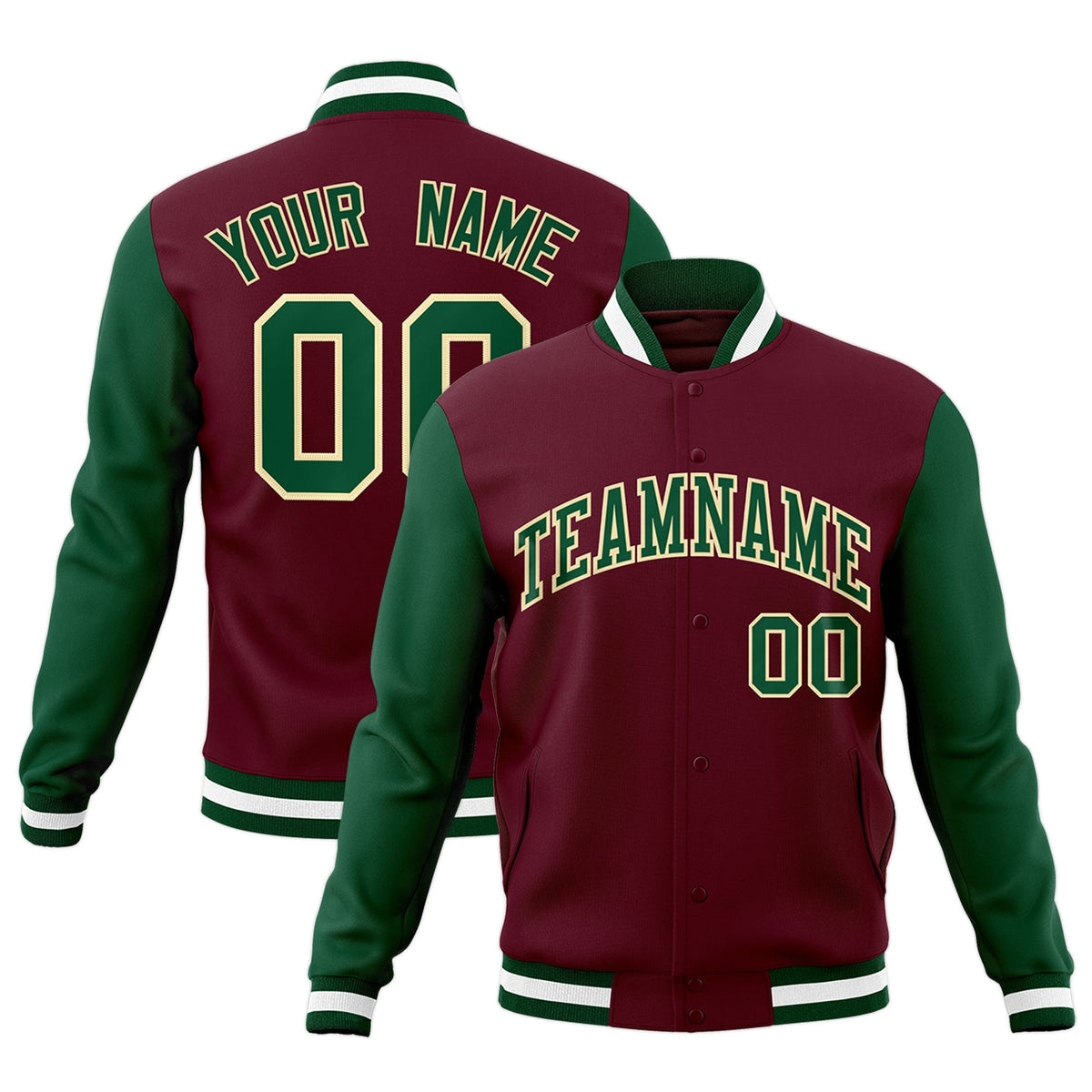 Custom Crimson Green-Khaki Raglan Sleeves Varsity Full-Snap Letterman Jacket