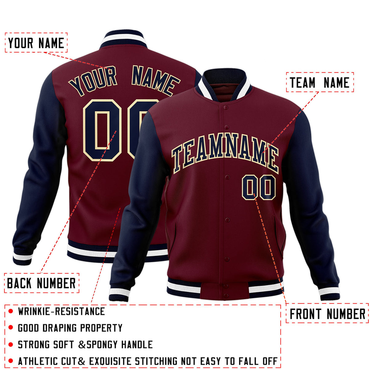 Custom Crimson Navy-Khaki Raglan Sleeves Varsity Full-Snap Letterman Jacket
