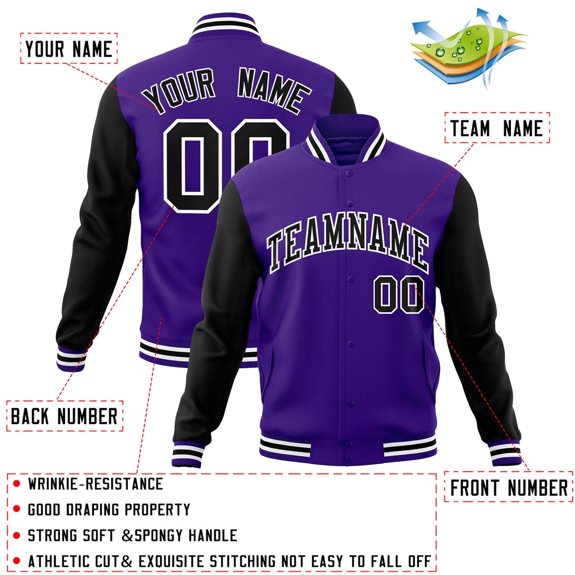 Custom Black White-Black Raglan Sleeves Varsity Full-Snap Letterman Jacket | KXKSHOP