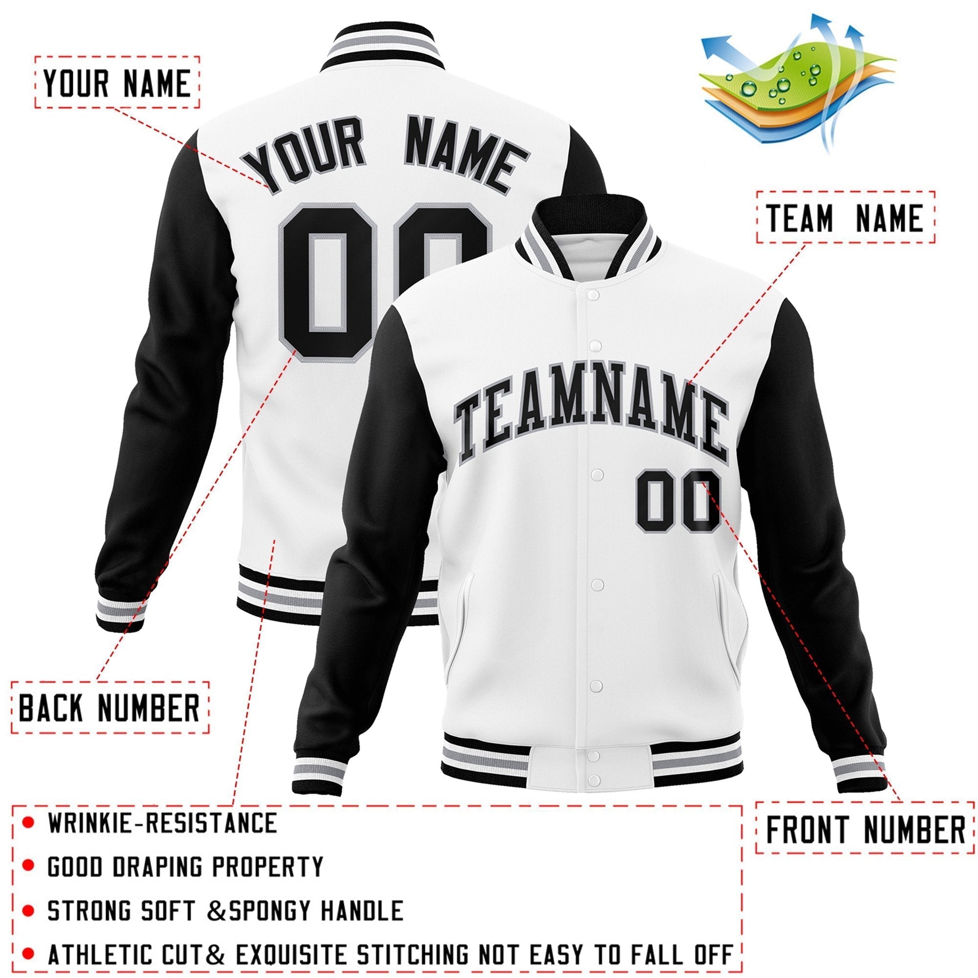 Custom Black White-Black Raglan Sleeves Varsity Full-Snap Letterman Jacket | KXKSHOP
