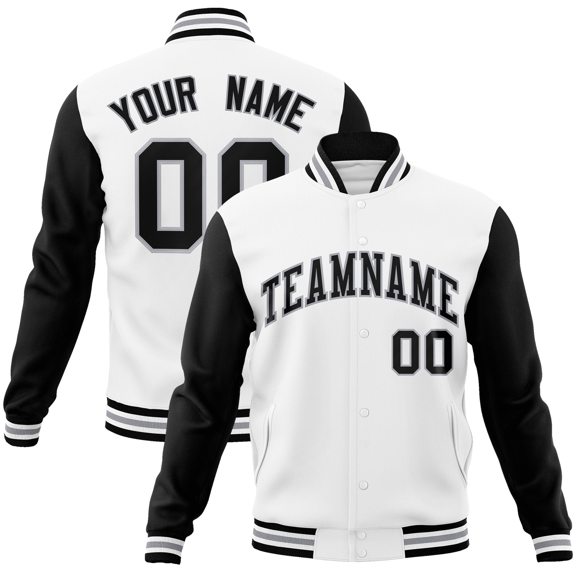 Custom Black White-Black Raglan Sleeves Varsity Full-Snap Letterman Jacket | KXKSHOP
