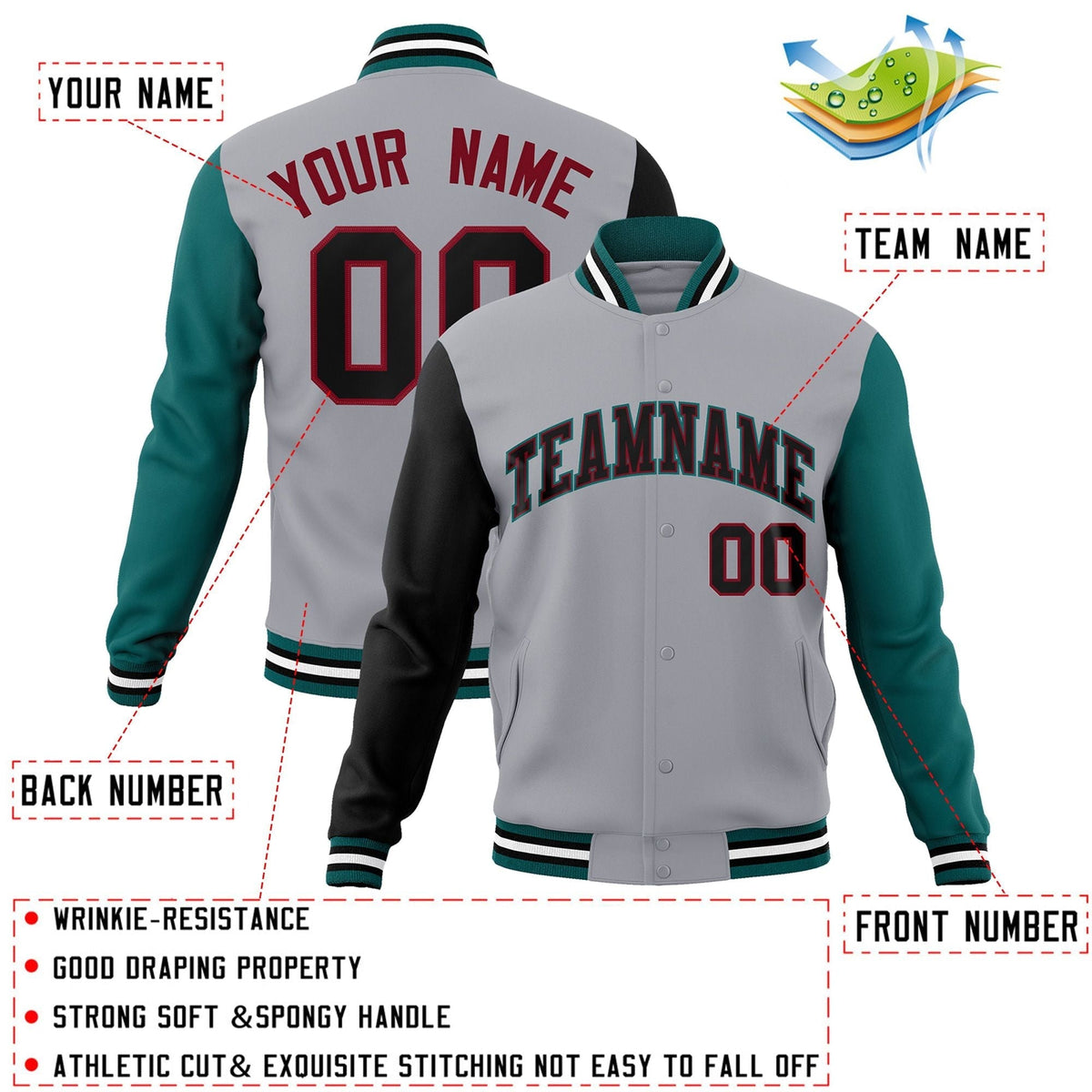 Custom Black White-Black Raglan Sleeves Varsity Full-Snap Letterman Jacket | KXKSHOP