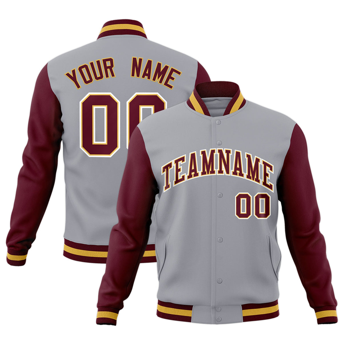 Custom Gray Crimson-Khaki Raglan Sleeves Varsity Full-Snap Letterman Jacket