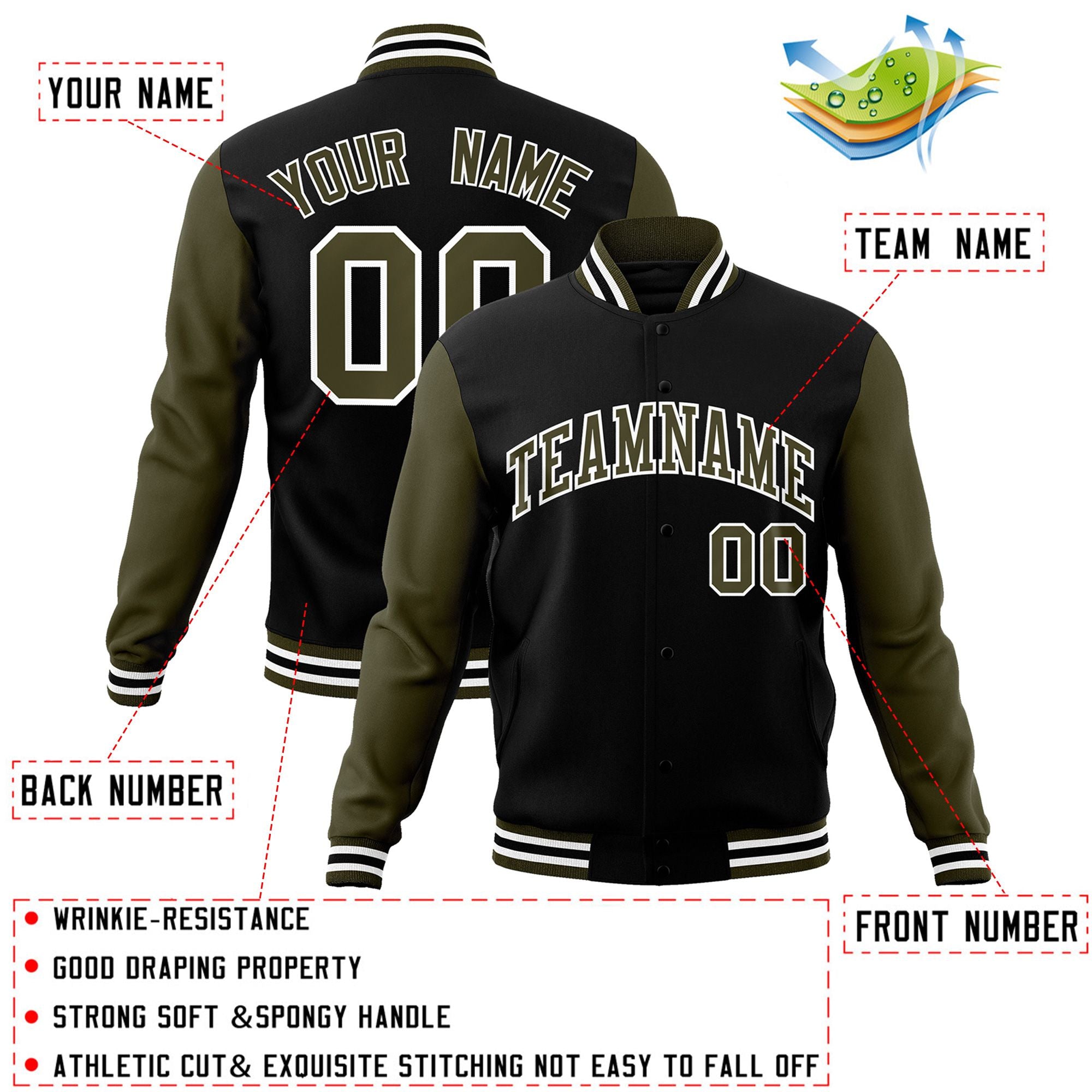 Custom Black White-Black Raglan Sleeves Varsity Full-Snap Letterman Jacket | KXKSHOP