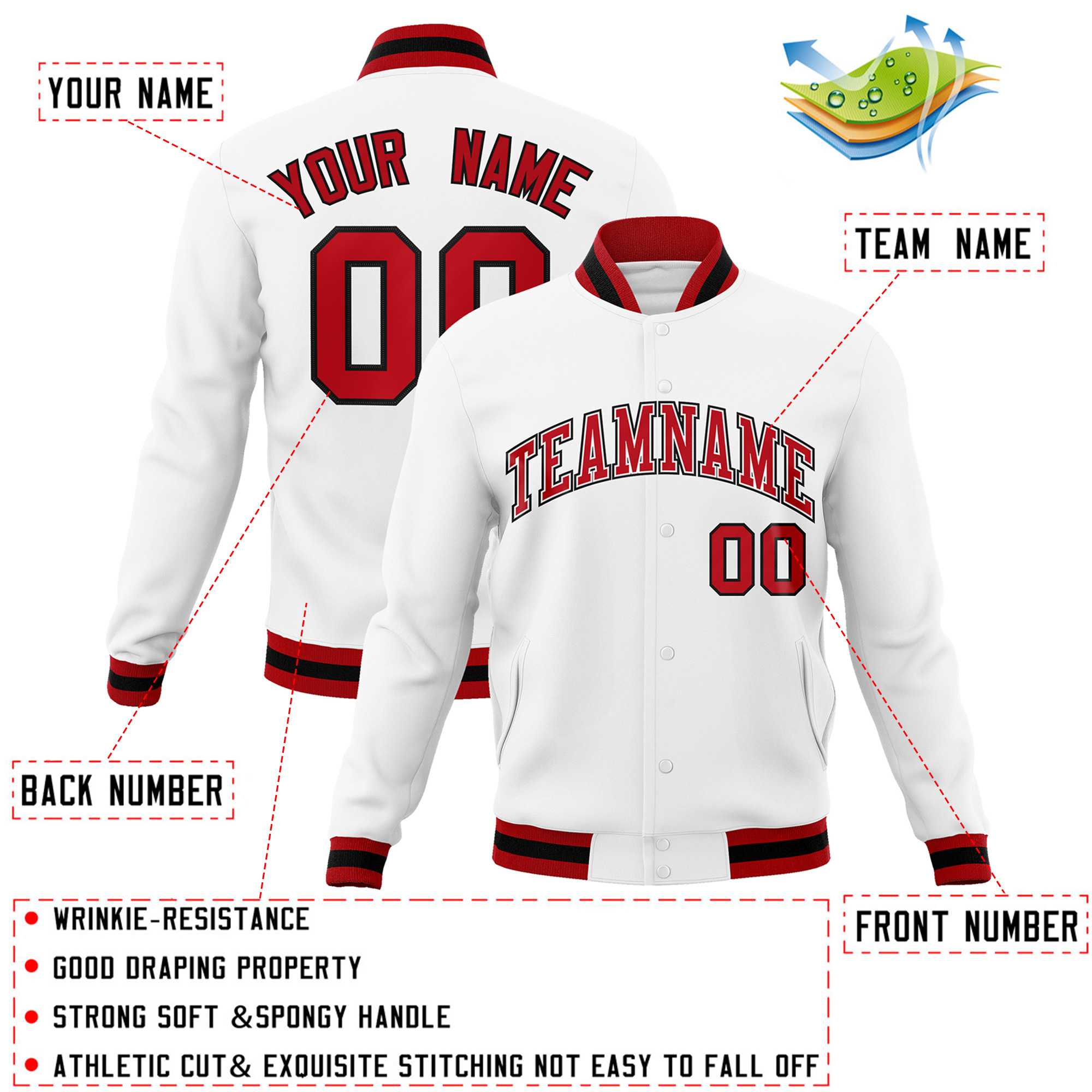 Custom White Red-Black Classic Style Varsity Full-Snap Letterman Jacket | KXKSHOP