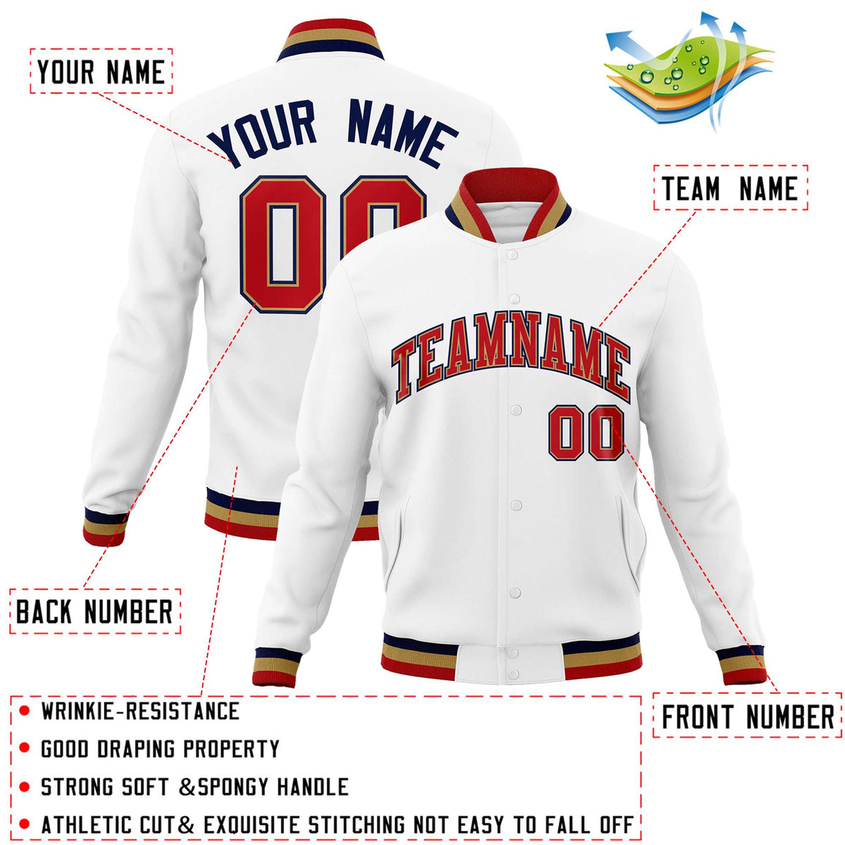 Custom White Red-Black Classic Style Varsity Full-Snap Letterman Jacket | KXKSHOP