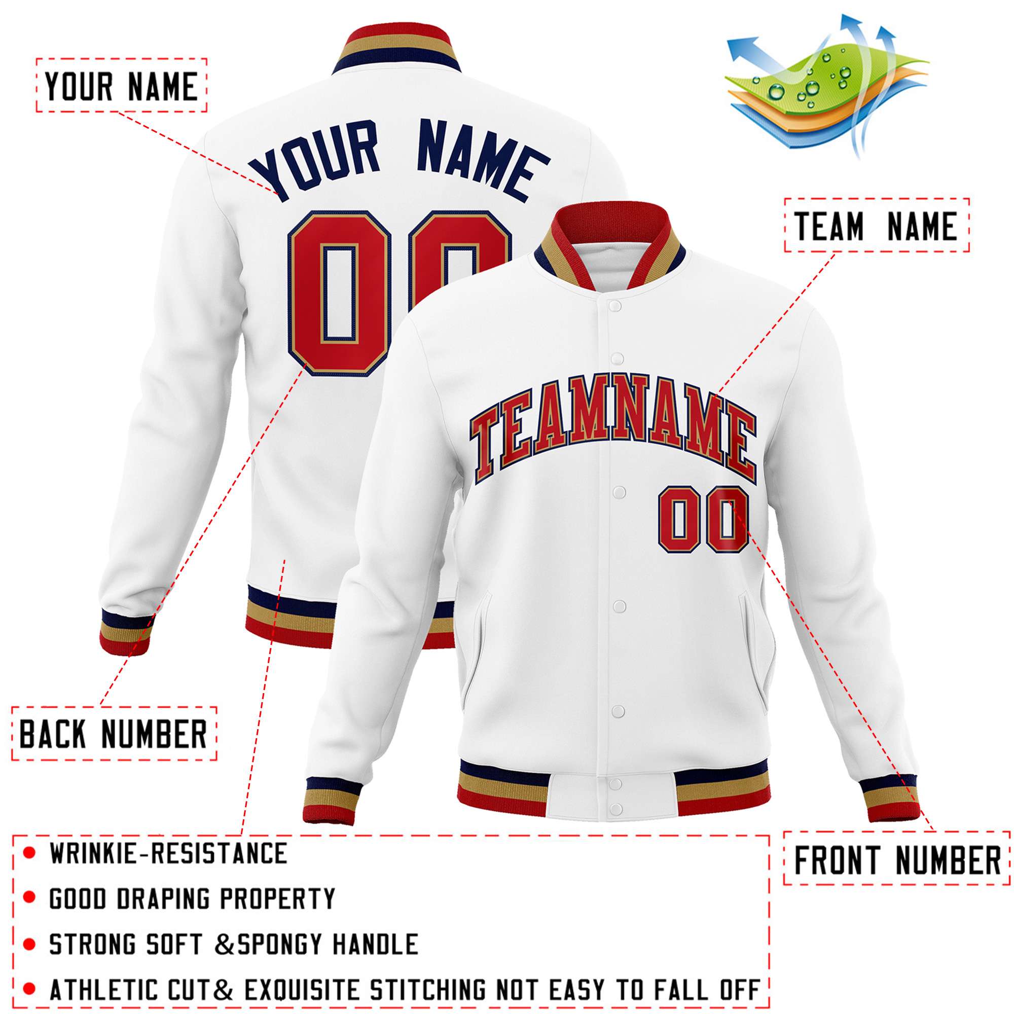 Custom White Red-Black Classic Style Varsity Full-Snap Letterman Jacket | KXKSHOP