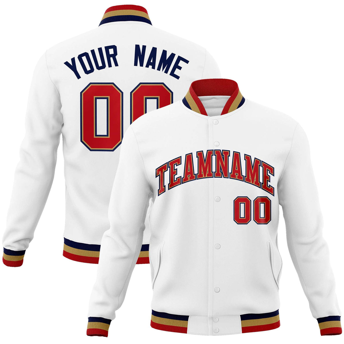 Custom White Red-Black Classic Style Varsity Full-Snap Letterman Jacket | KXKSHOP