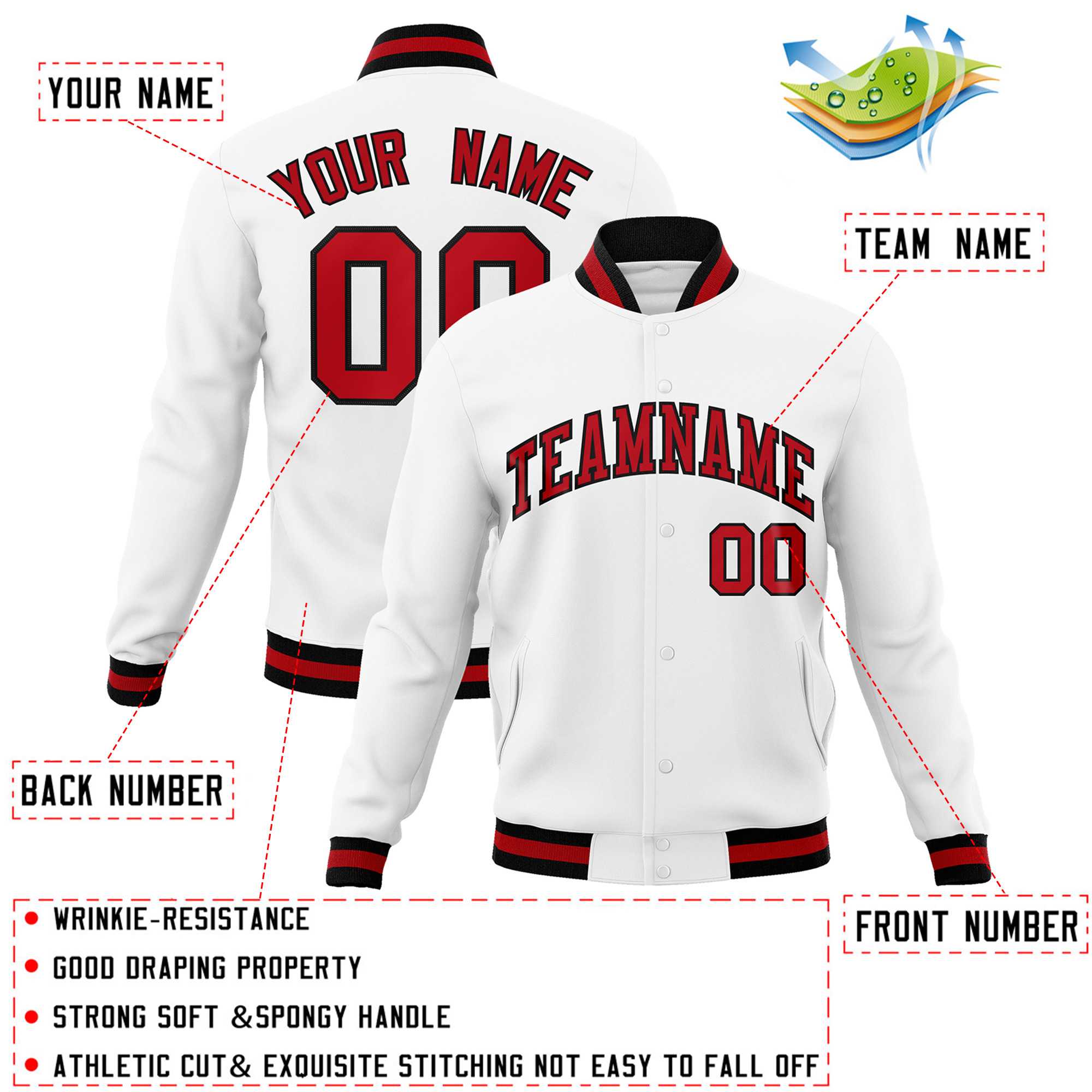 Custom White Red-Black Classic Style Varsity Full-Snap Letterman Jacket | KXKSHOP