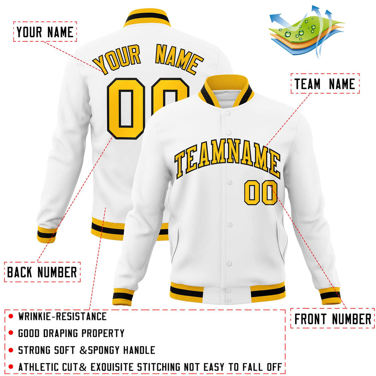 Custom White Red-Black Classic Style Varsity Full-Snap Letterman Jacket | KXKSHOP